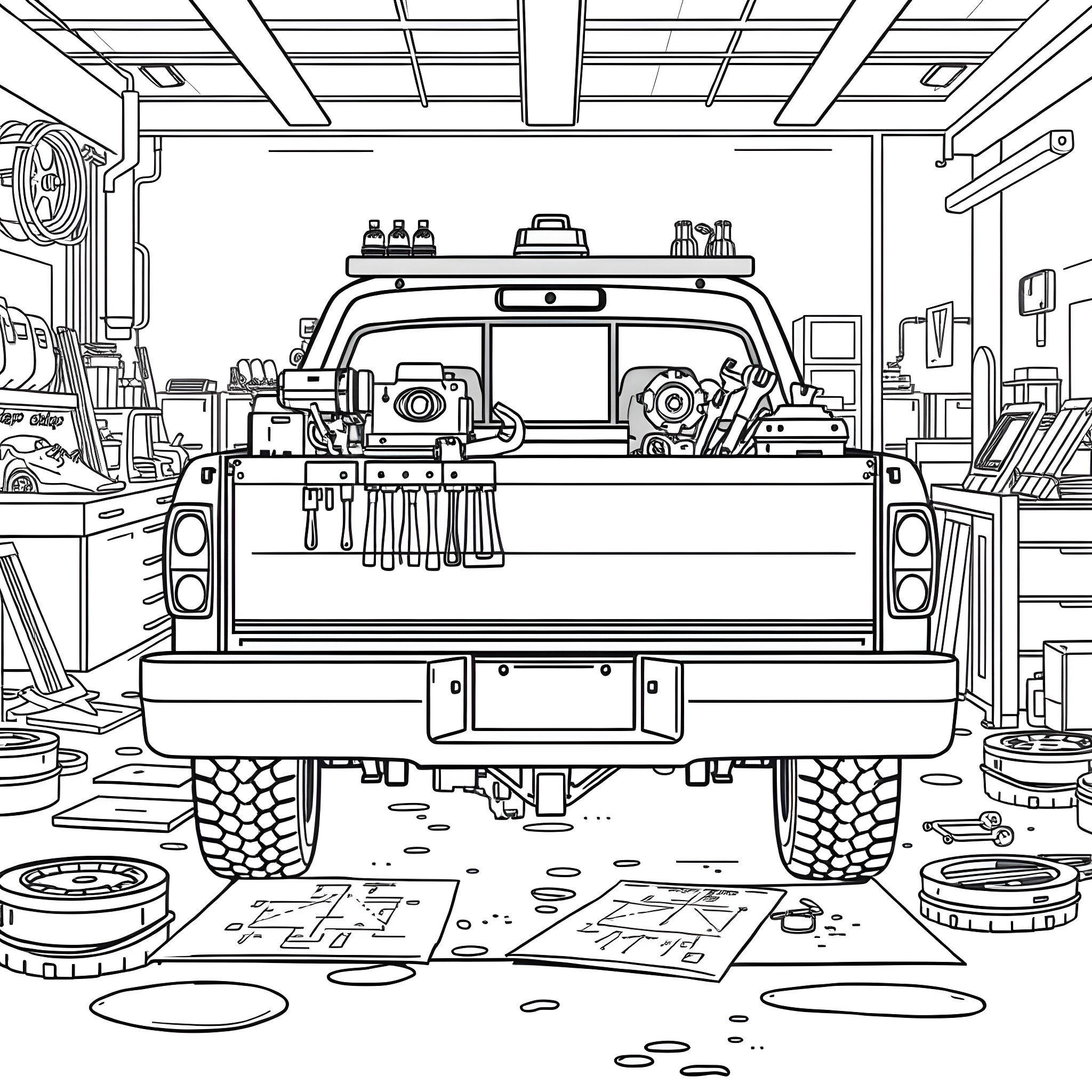 Pickup Bed Full of Tools and Equipment Coloring Page (free black-and-white line drawing printable PDF for all, from beginners to advanced learners, including children, teens, adults, and seniors)