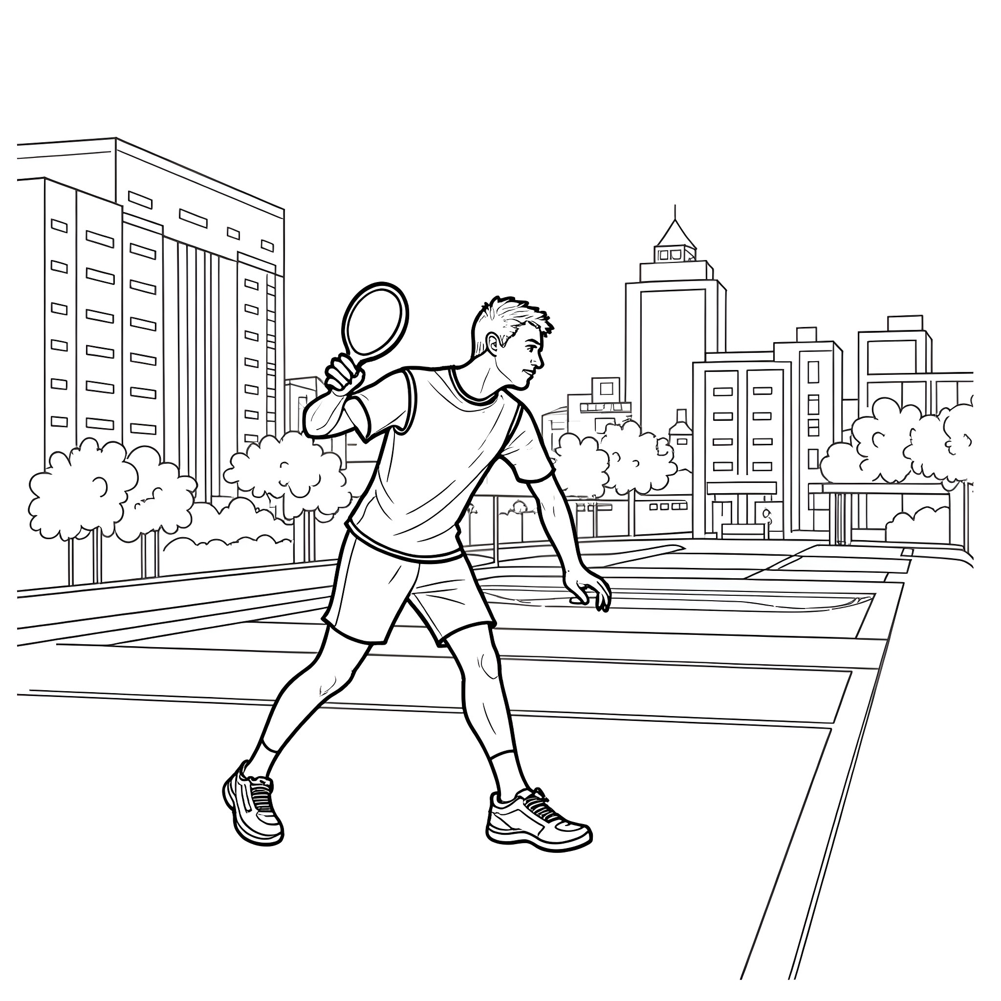Ben Roethlisberger playing tennis in the city Coloring Page (free black-and-white line drawing printable PDF for all, from beginners to advanced learners, including children, teens, adults, and seniors)