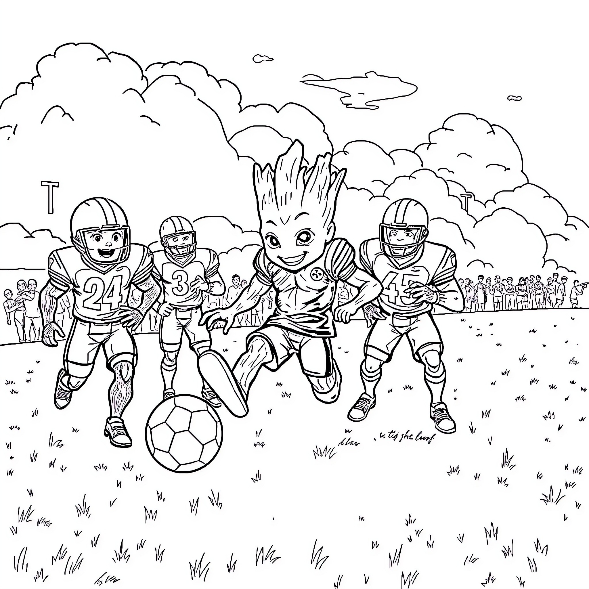 Grogu playing football with friends on the field Coloring Page (free black-and-white line drawing printable PDF for all, from beginners to advanced learners, including children, teens, adults, and seniors)