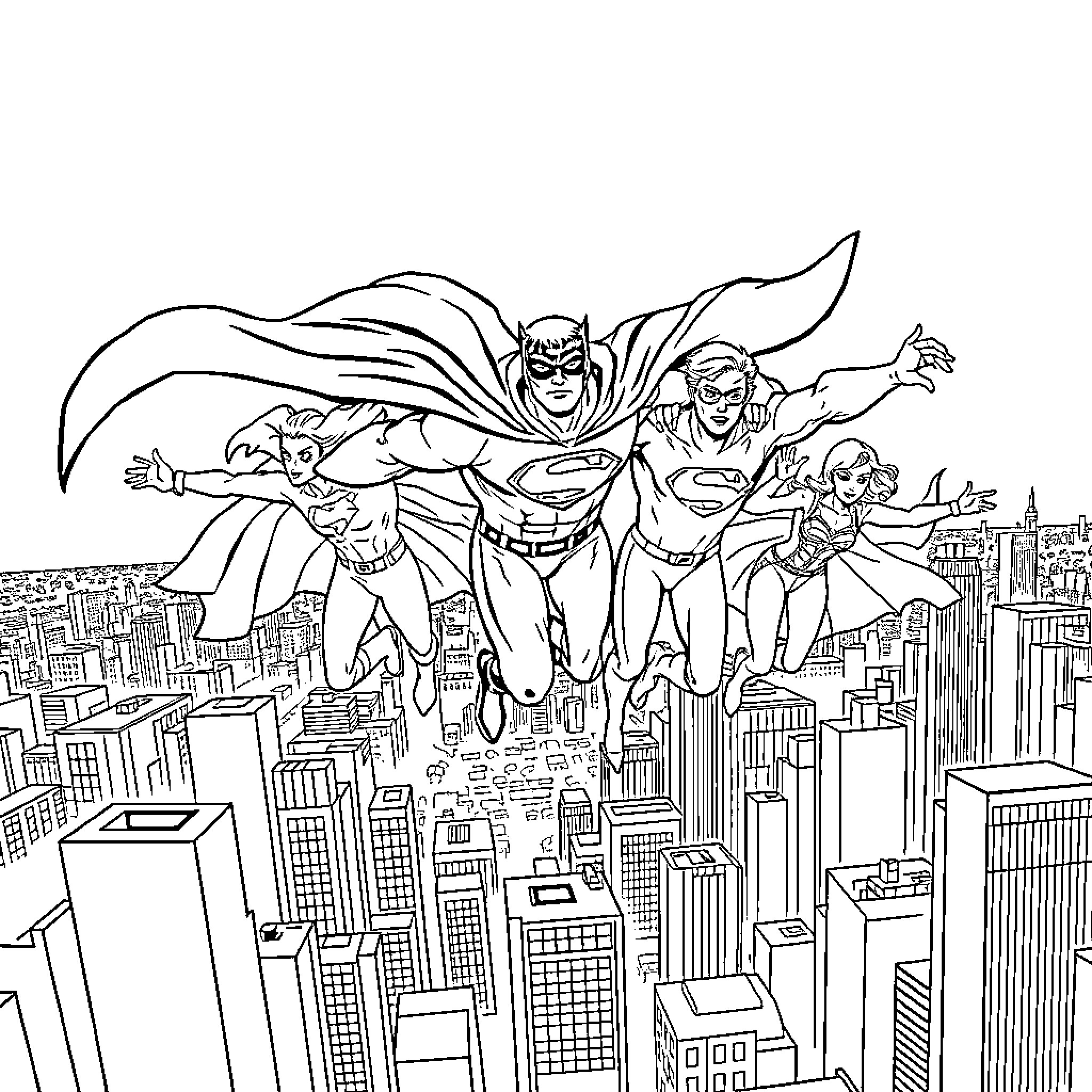 Superhero team swooping over the city Coloring Page (free black-and-white line drawing printable PDF for all, from beginners to advanced learners, including children, teens, adults, and seniors)