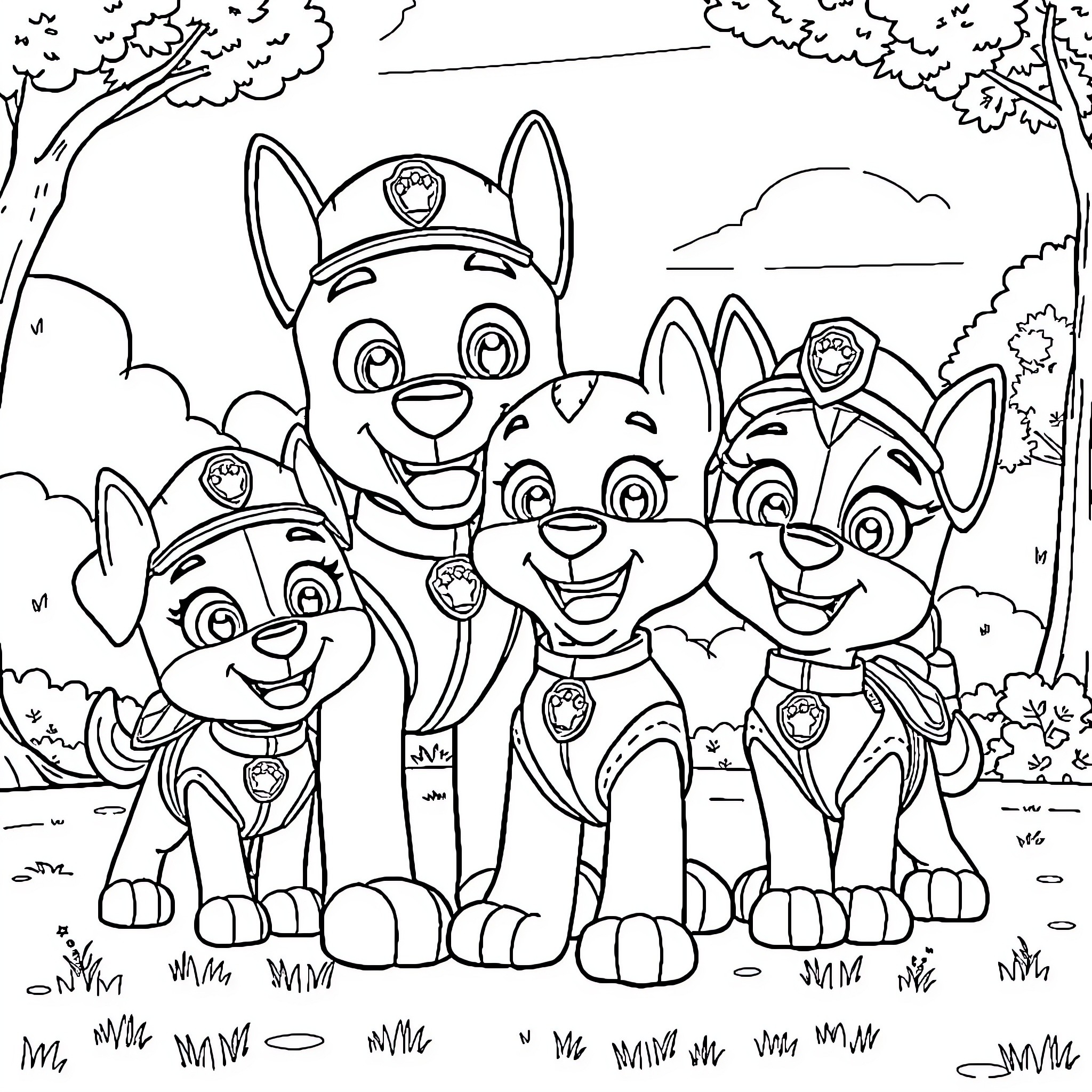 Paw Patrol characters in an outdoor scene Coloring Page (free black-and-white line drawing printable PDF for all, from beginners to advanced learners, including children, teens, adults, and seniors)