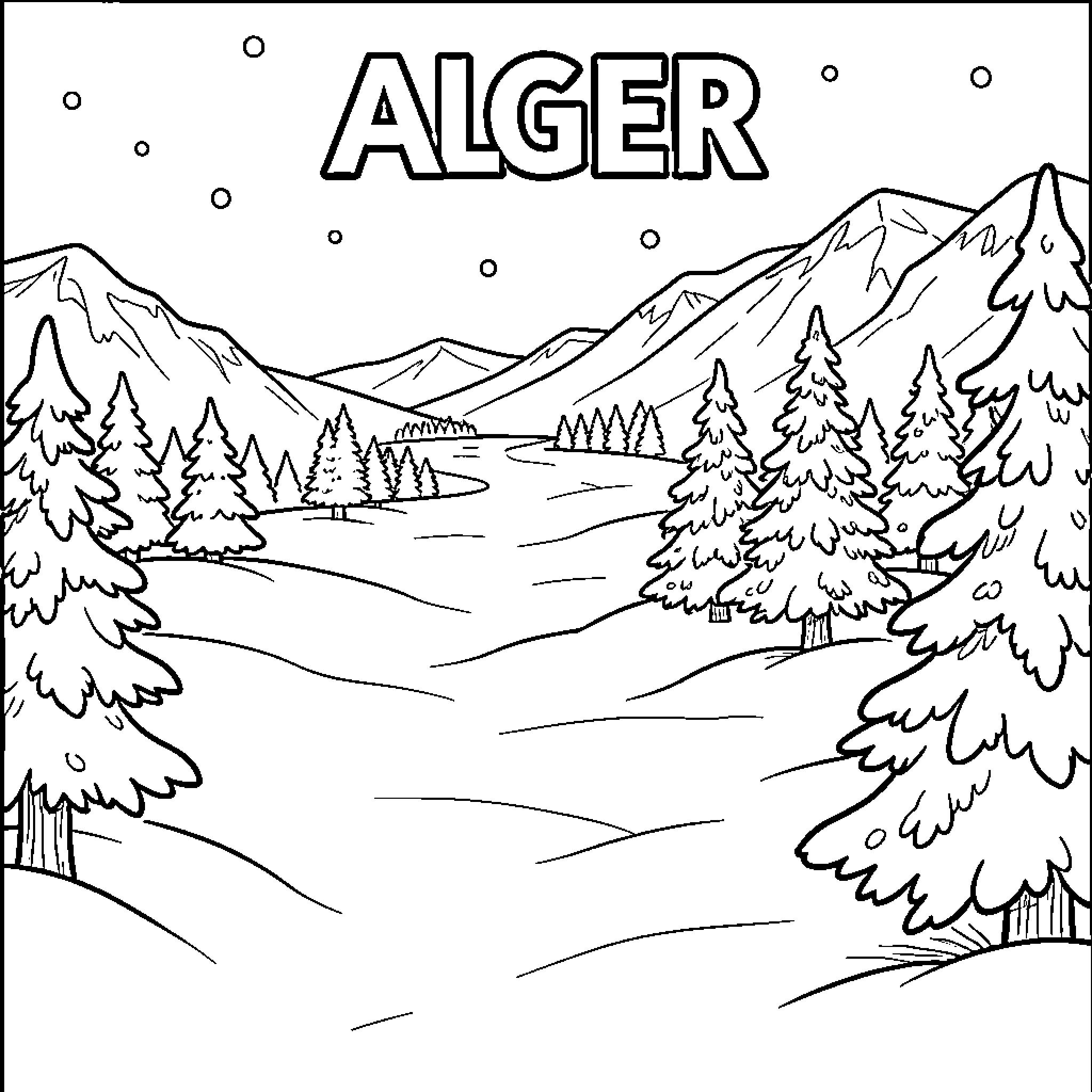Blanche Neige landscape with mountains and pine trees Coloring Page (free black-and-white line drawing printable PDF for all, from beginners to advanced learners, including children, teens, adults, and seniors)