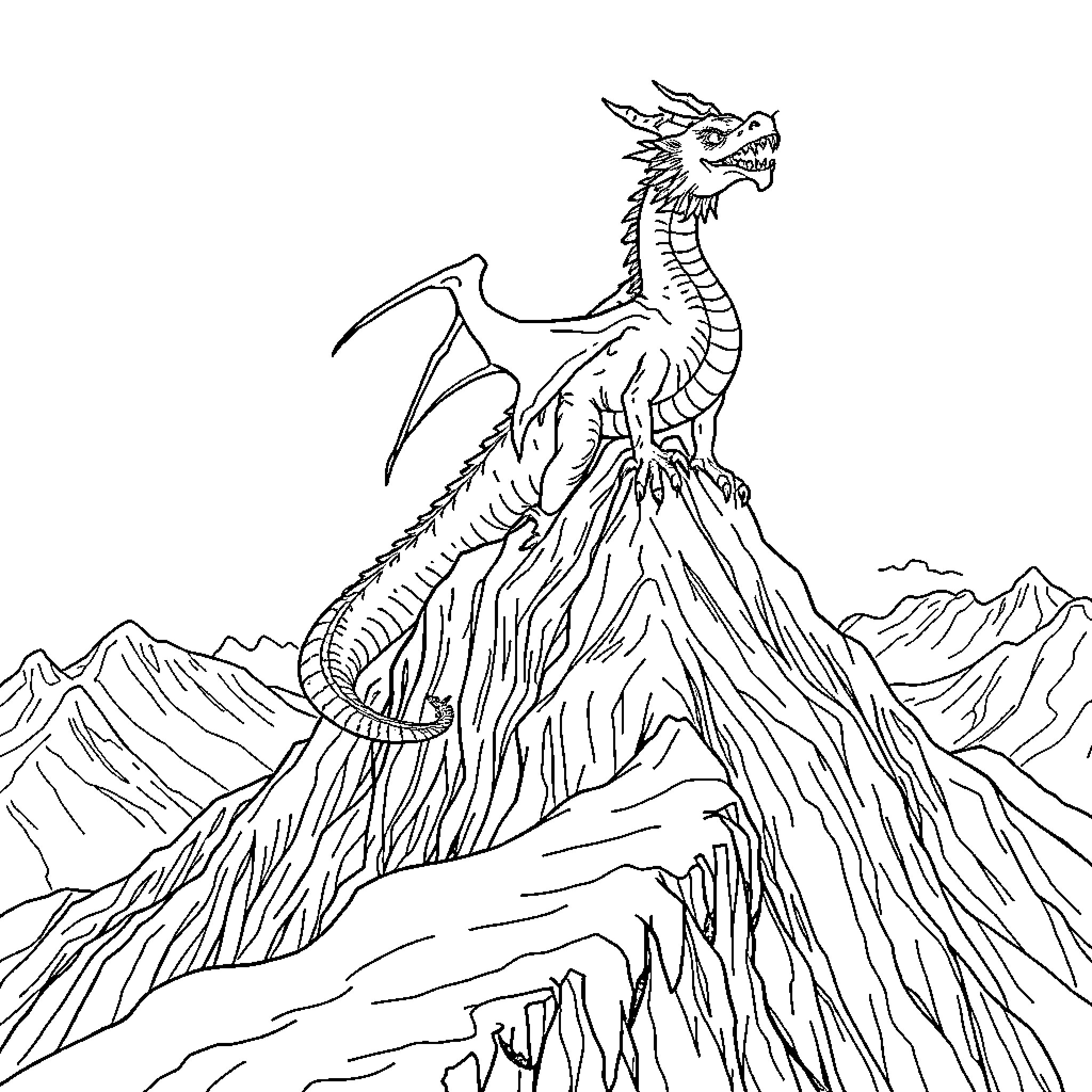 Dragon soaring over rugged mountain landscape Coloring Page (free black-and-white line drawing printable PDF for all, from beginners to advanced learners, including children, teens, adults, and seniors)