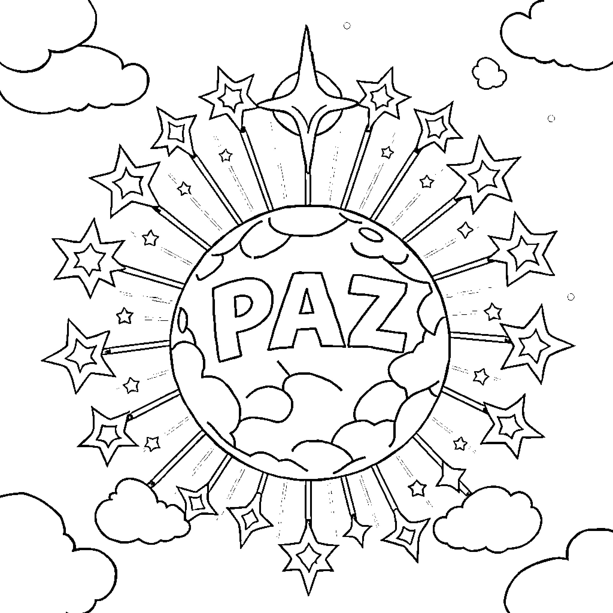 Símbolo de la Paz con estrellas brillantes y nube Coloring Page (free black-and-white line drawing printable PDF for all, from beginners to advanced learners, including children, teens, adults, and seniors)