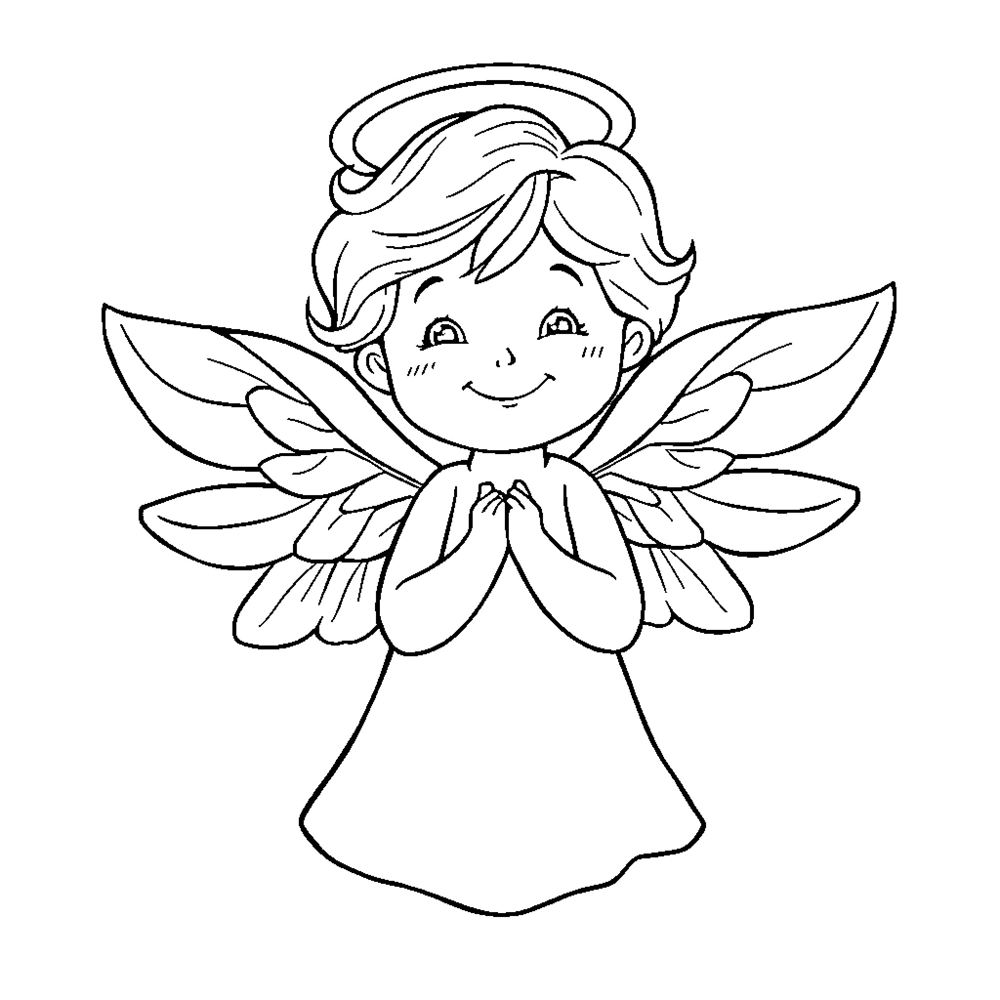 Angel smiling peacefully with hands folded in prayer Coloring Page (free black-and-white line drawing printable PDF for all, from beginners to advanced learners, including children, teens, adults, and seniors)