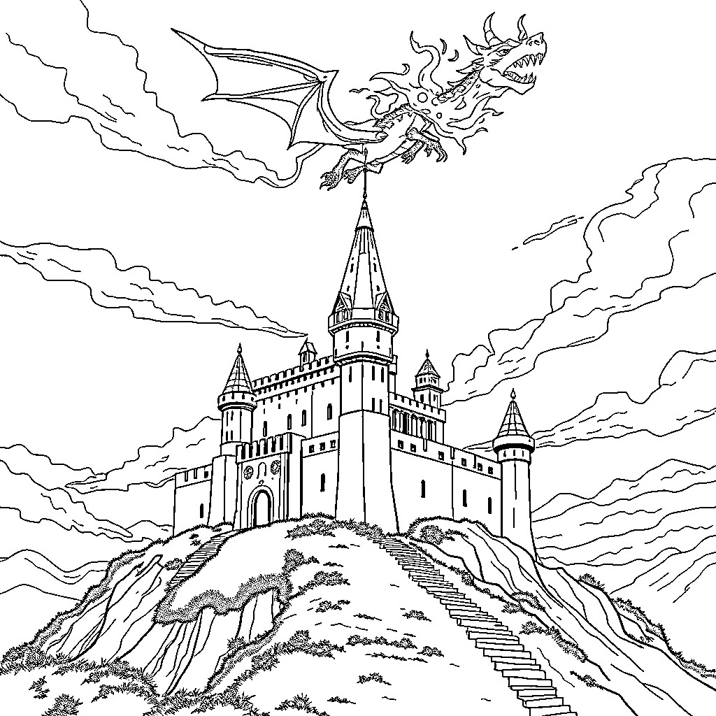 Castle with a dragon soaring overhead Coloring Page (free black-and-white line drawing printable PDF for all, from beginners to advanced learners, including children, teens, adults, and seniors)