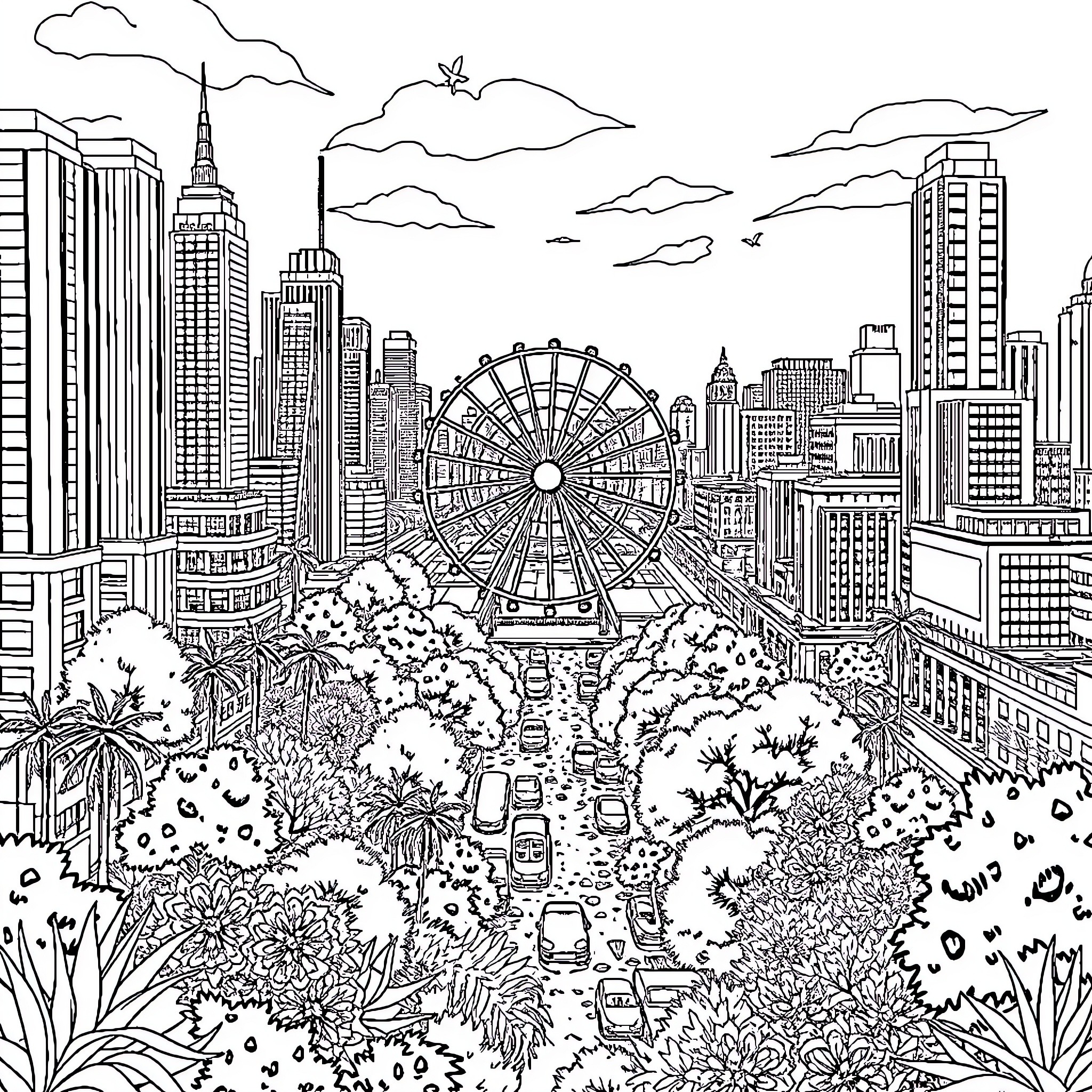 City of skyscrapers, parks, and Ferris wheel Coloring Page (free black-and-white line drawing printable PDF for all, from beginners to advanced learners, including children, teens, adults, and seniors)