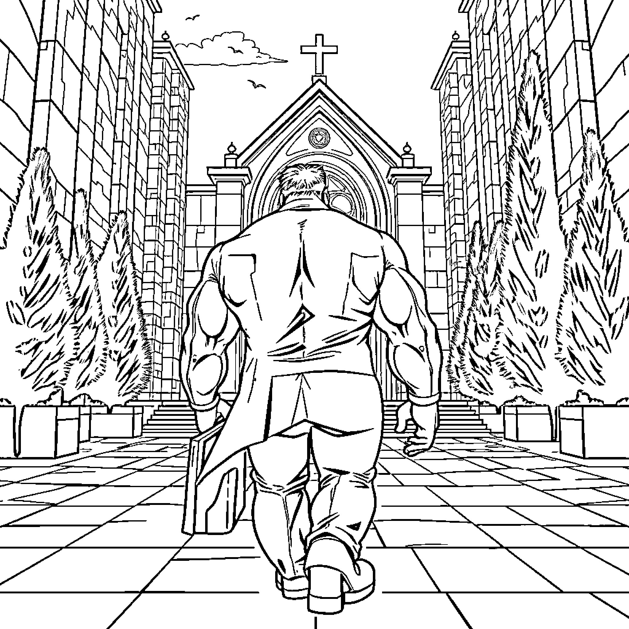 Hulk walking towards a grand cathedral in the city Coloring Page (free black-and-white line drawing printable PDF for all, from beginners to advanced learners, including children, teens, adults, and seniors)