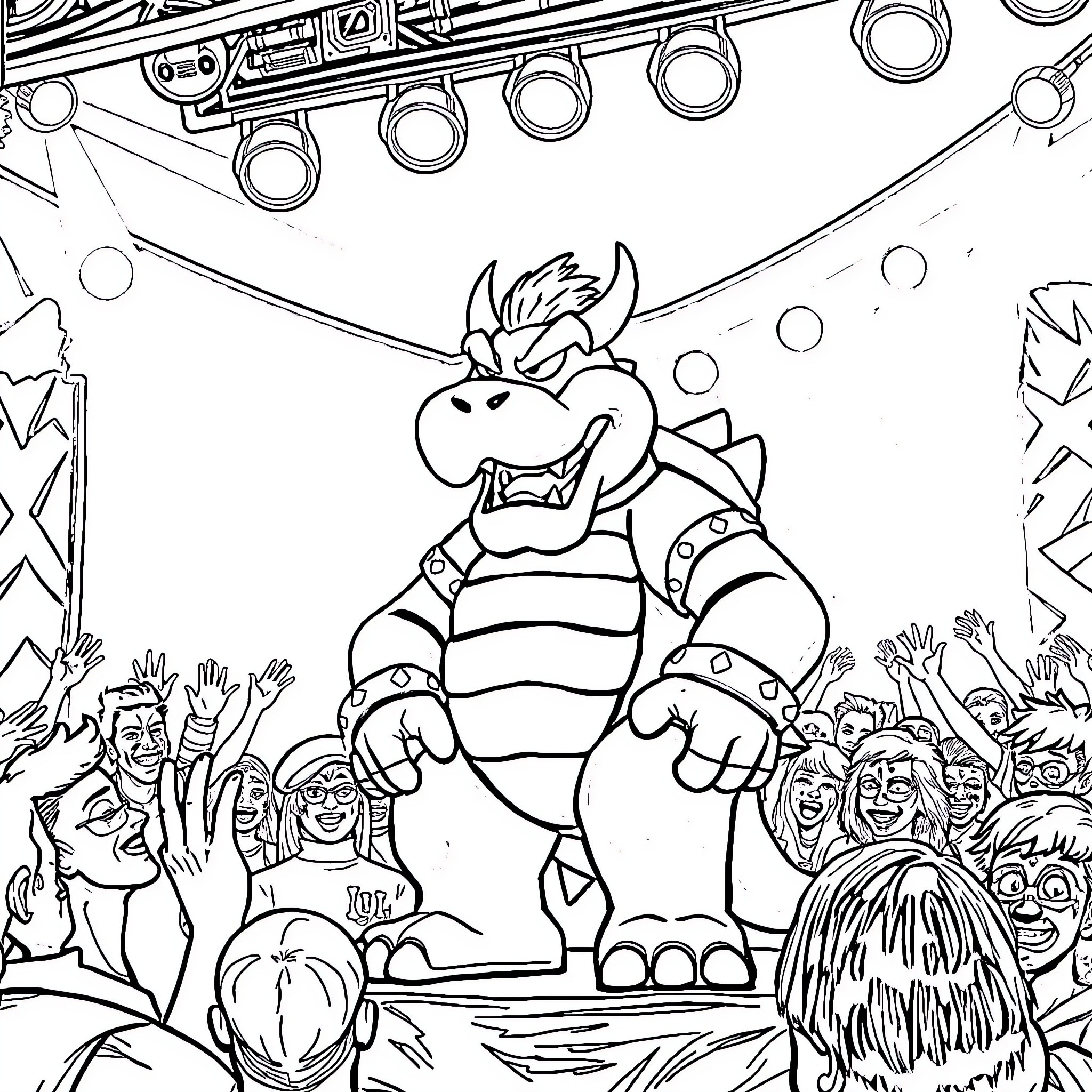 Bowser Entertaining Crowd at Spectacle Coloring Page (free black-and-white line drawing printable PDF for all, from beginners to advanced learners, including children, teens, adults, and seniors)