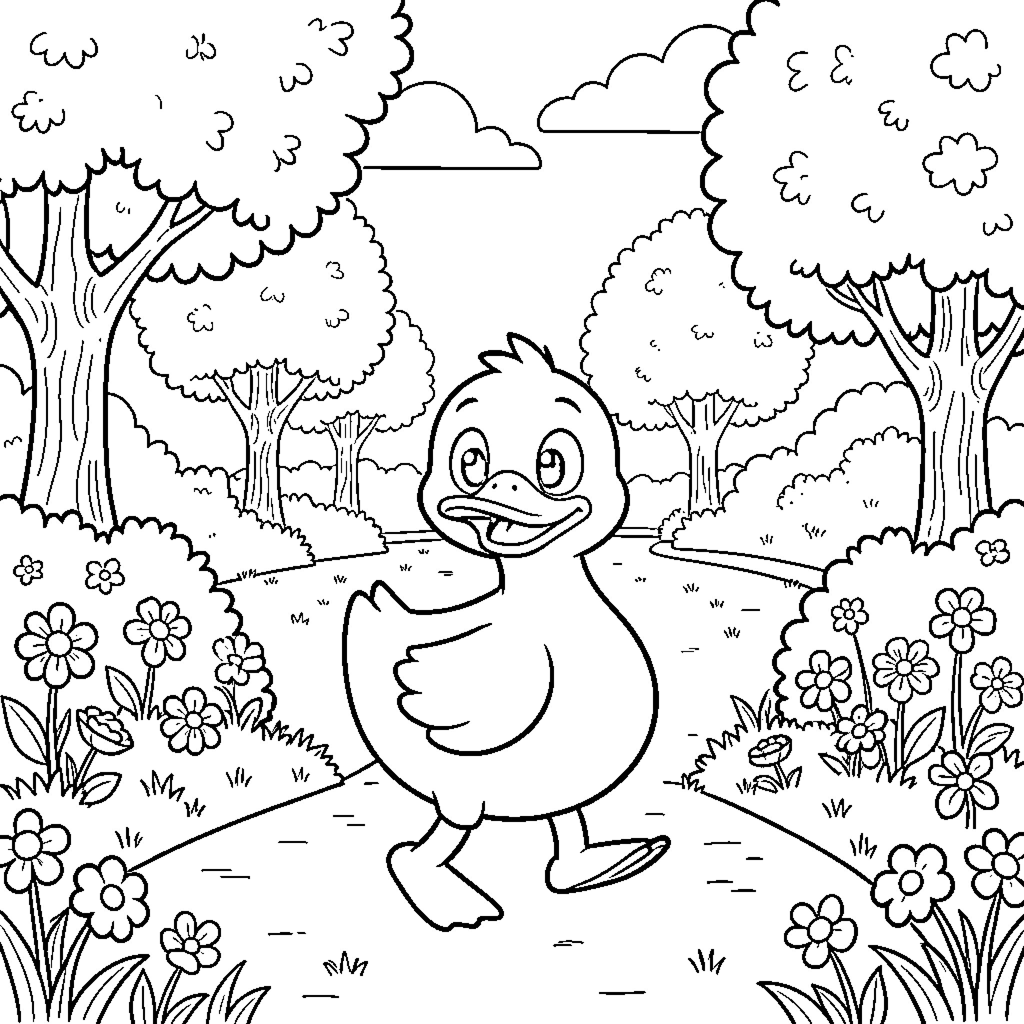 Psychoduck frolicking in a flowery forest scene Coloring Page (free black-and-white line drawing printable PDF for all, from beginners to advanced learners, including children, teens, adults, and seniors)