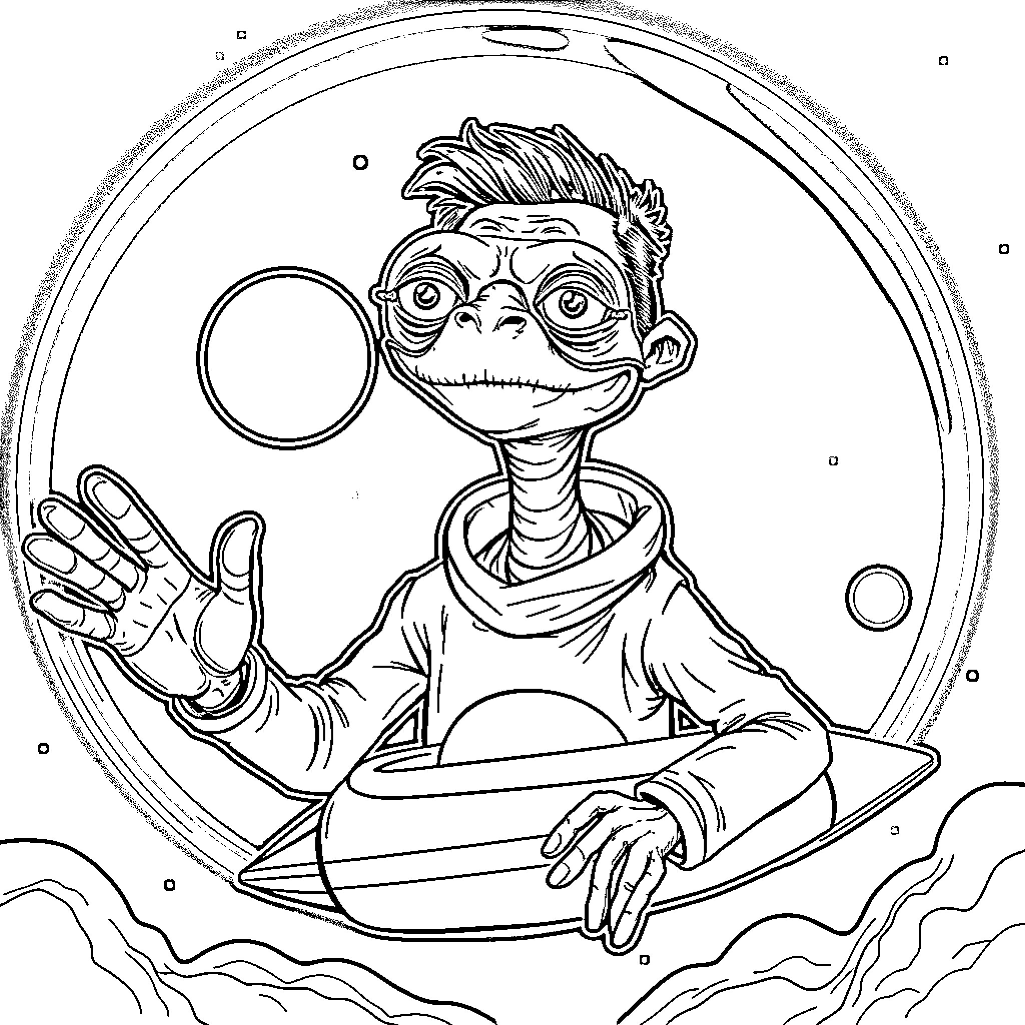 Elon Musk Exploring the Cosmos with Cosmic Curiosity Coloring Page (free black-and-white line drawing printable PDF for all, from beginners to advanced learners, including children, teens, adults, and seniors)