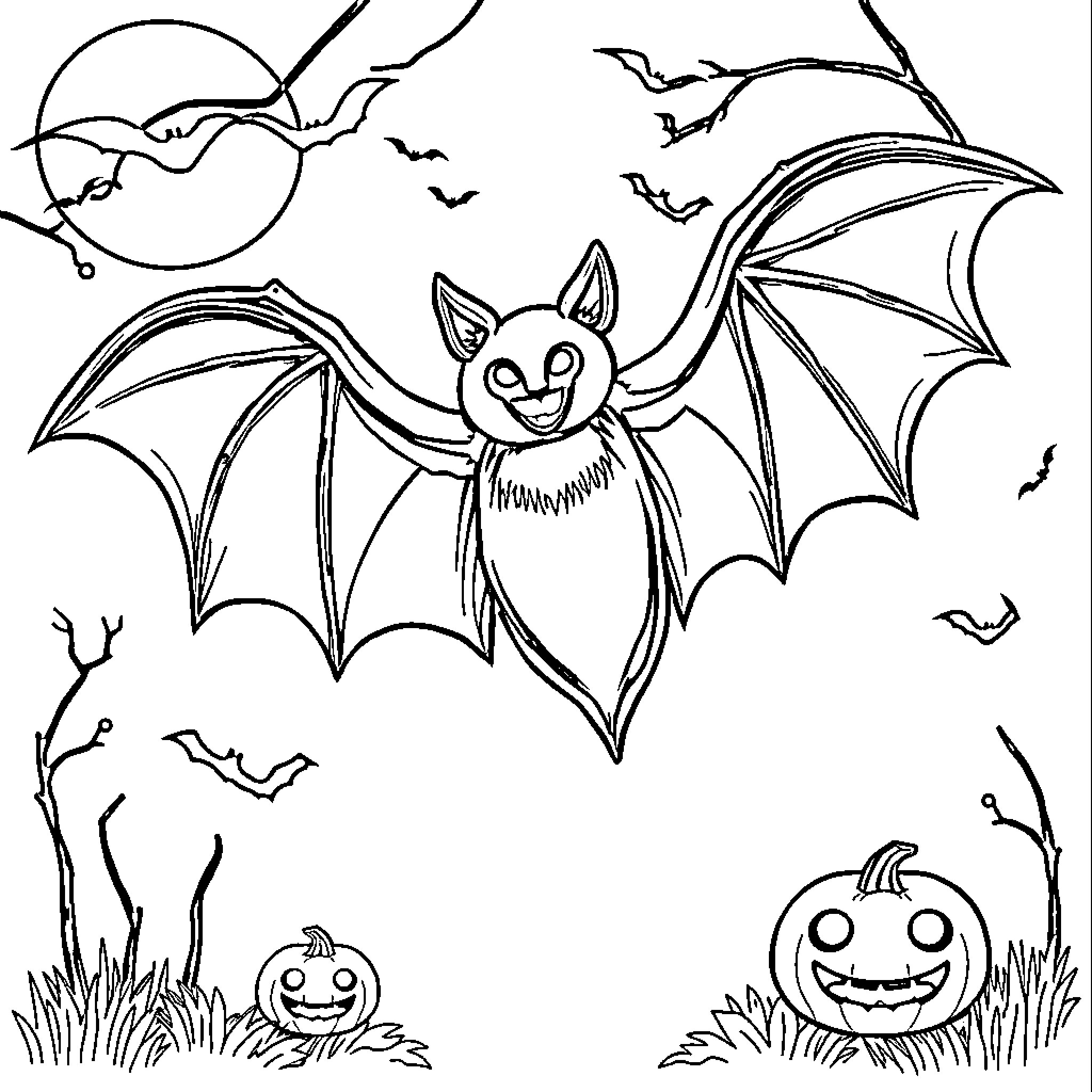 Bat flying in the moonlit night with pumpkins Coloring Page (free black-and-white line drawing printable PDF for all, from beginners to advanced learners, including children, teens, adults, and seniors)