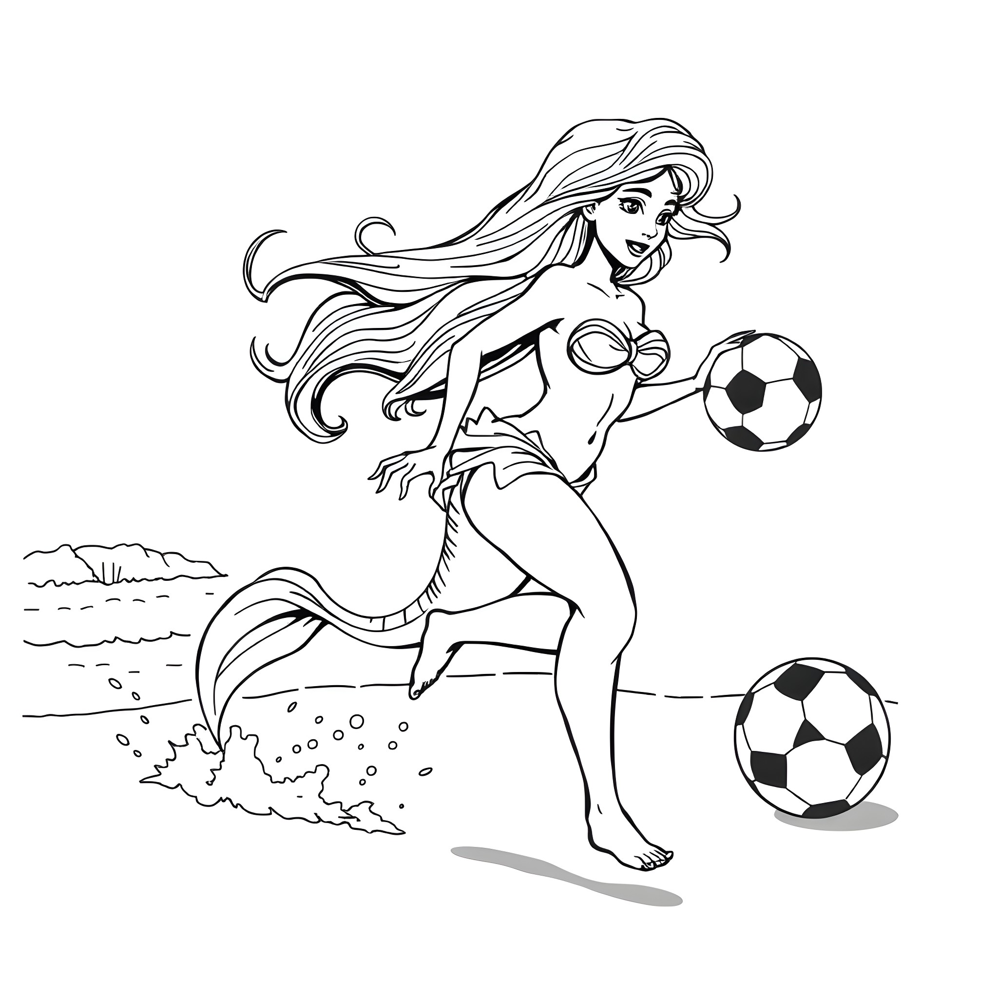 Siren playing with soccer balls on the beach Coloring Page (free black-and-white line drawing printable PDF for all, from beginners to advanced learners, including children, teens, adults, and seniors)