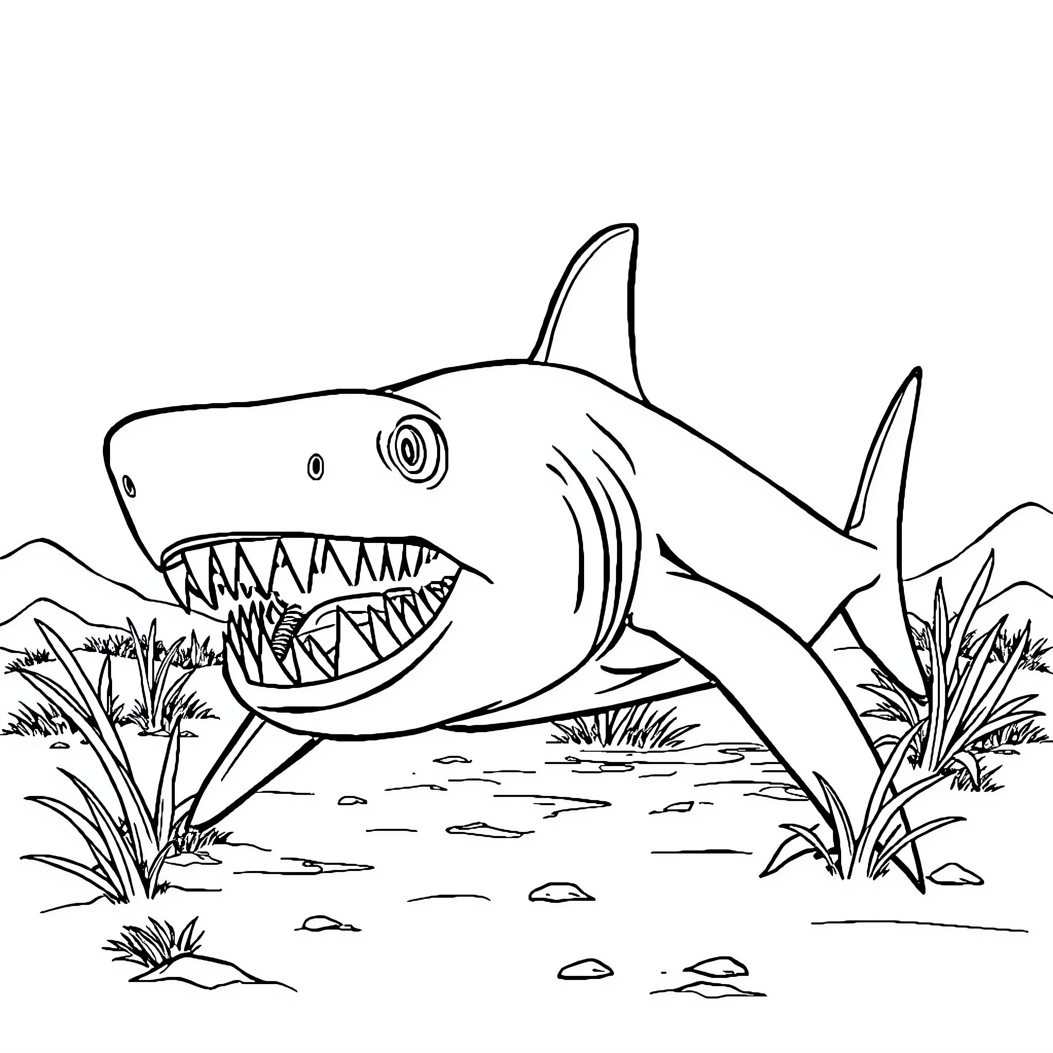 Shark swimming near underwater rocks and plants Coloring Page (free black-and-white line drawing printable PDF for all, from beginners to advanced learners, including children, teens, adults, and seniors)