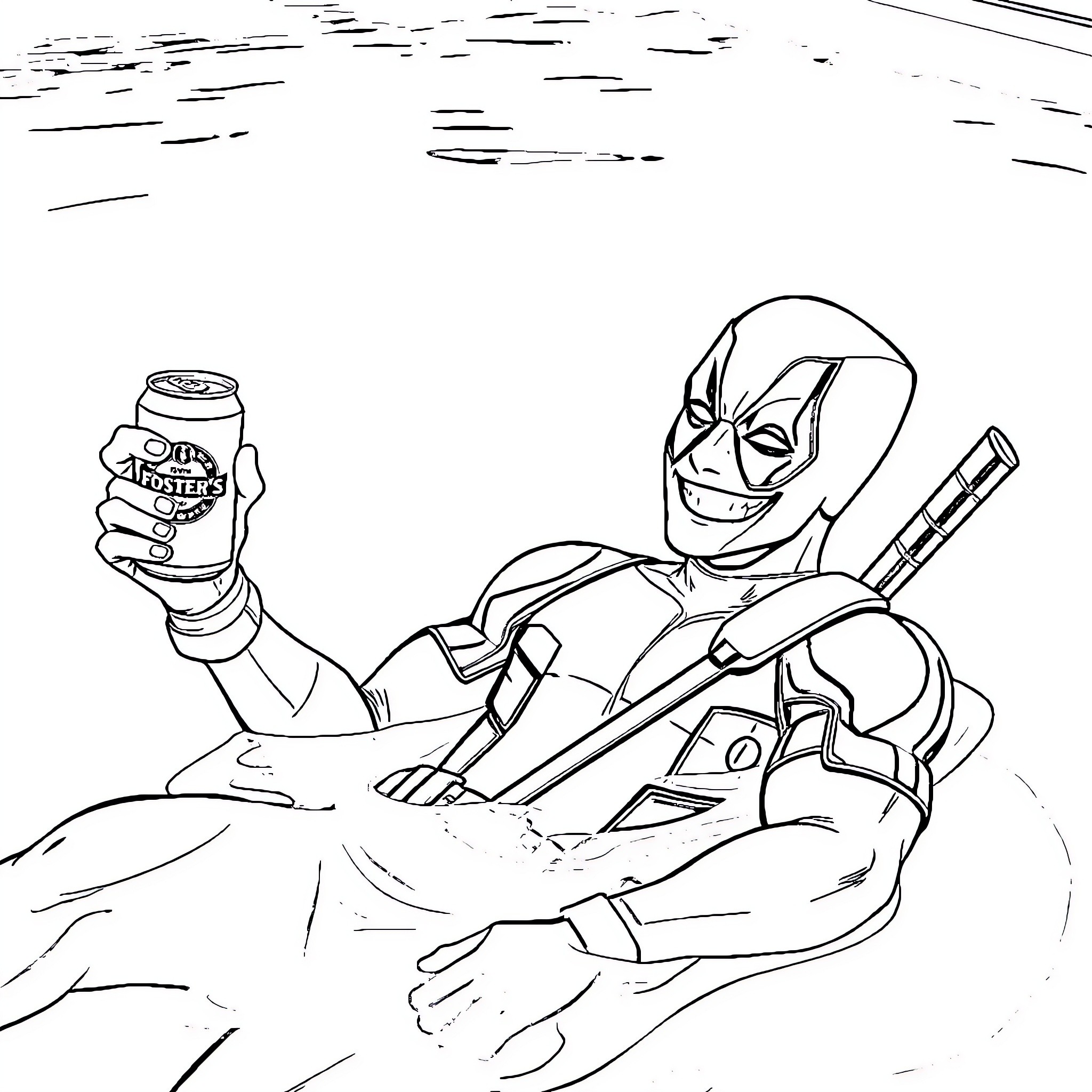 Deadpool enjoying a refreshing beverage in the midst of chaos Coloring Page (free black-and-white line drawing printable PDF for all, from beginners to advanced learners, including children, teens, adults, and seniors)