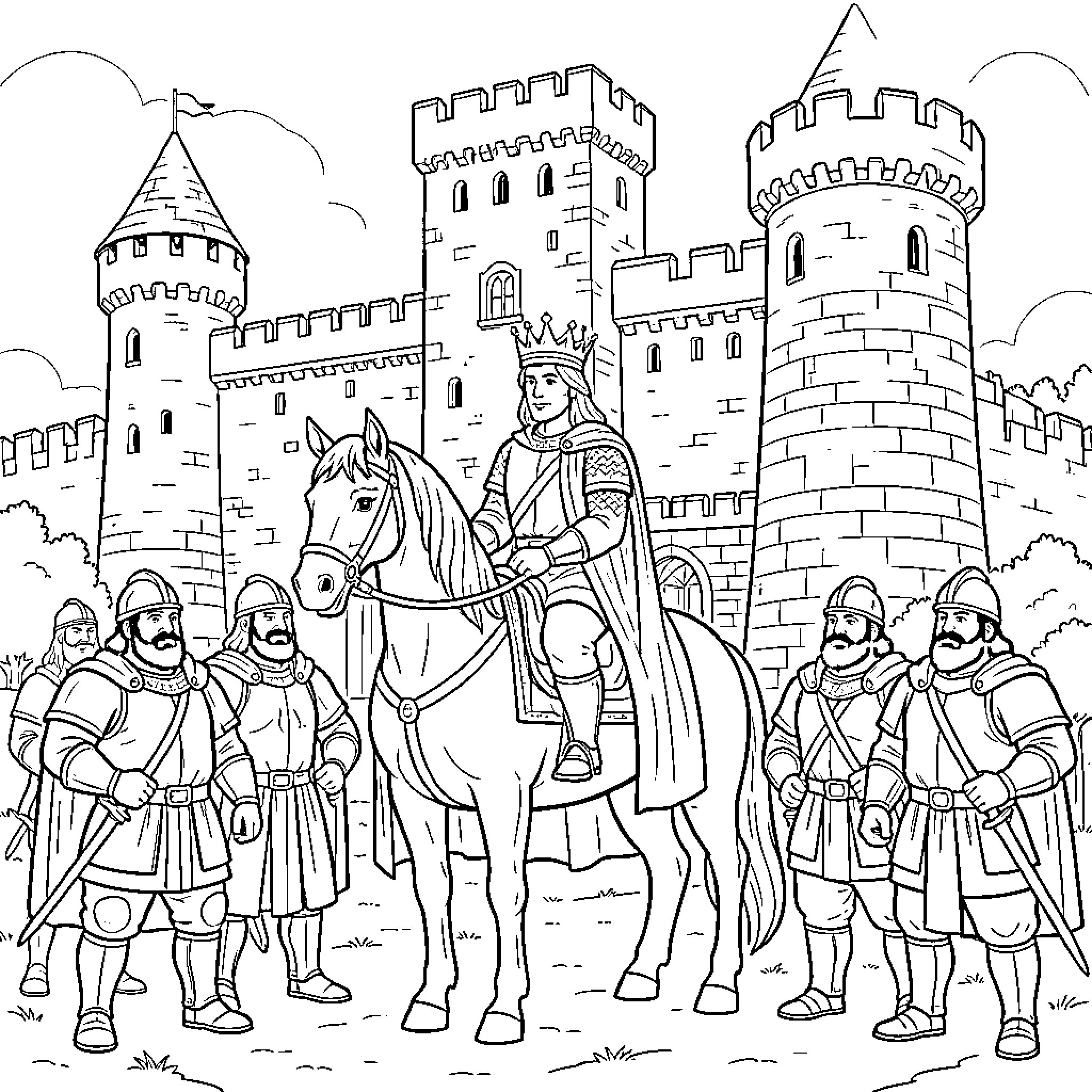 Roi riding a horse escorted by soldiers near a castle Coloring Page (free black-and-white line drawing printable PDF for all, from beginners to advanced learners, including children, teens, adults, and seniors)