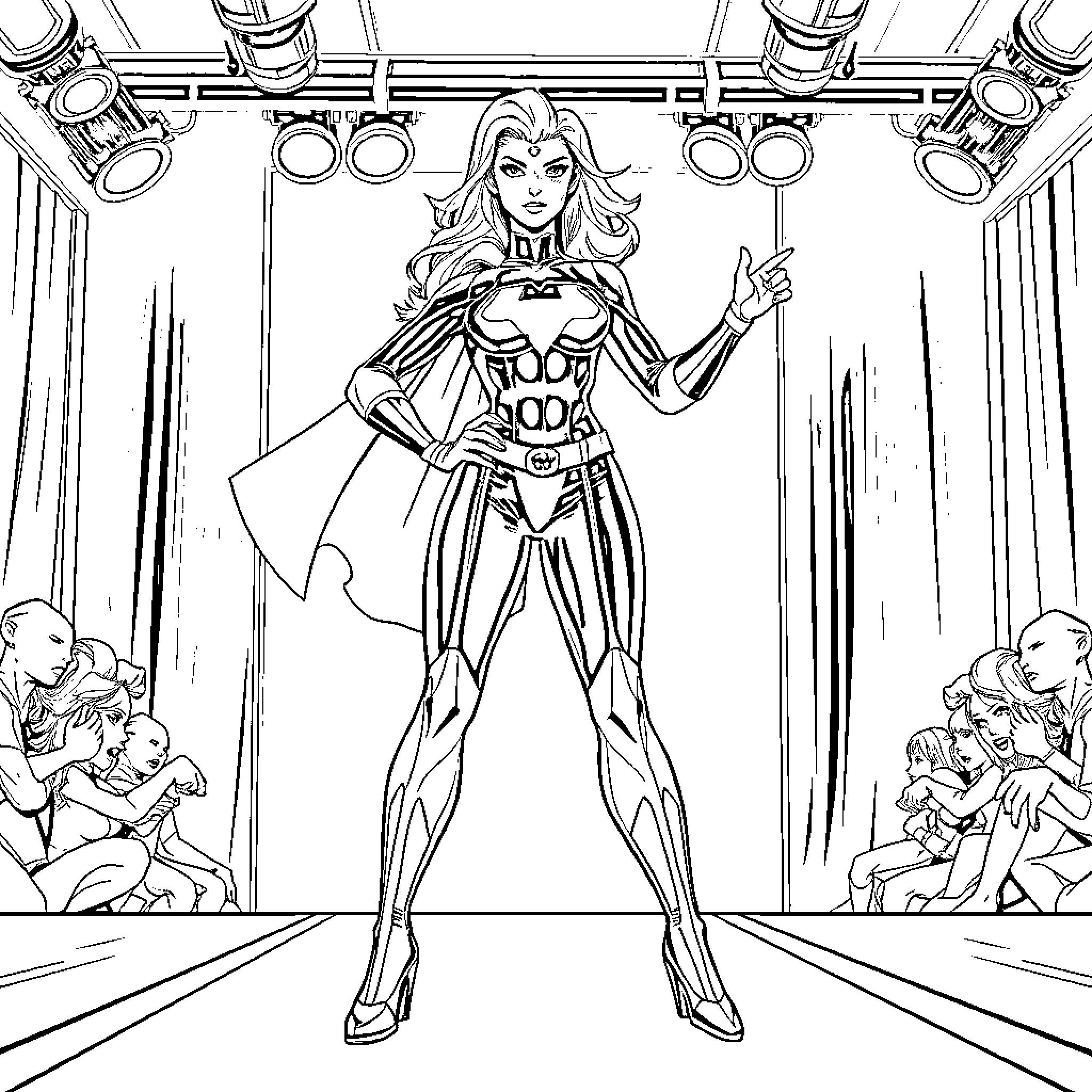 Power Girl on stage, striking a heroic pose Coloring Page (free black-and-white line drawing printable PDF for all, from beginners to advanced learners, including children, teens, adults, and seniors)