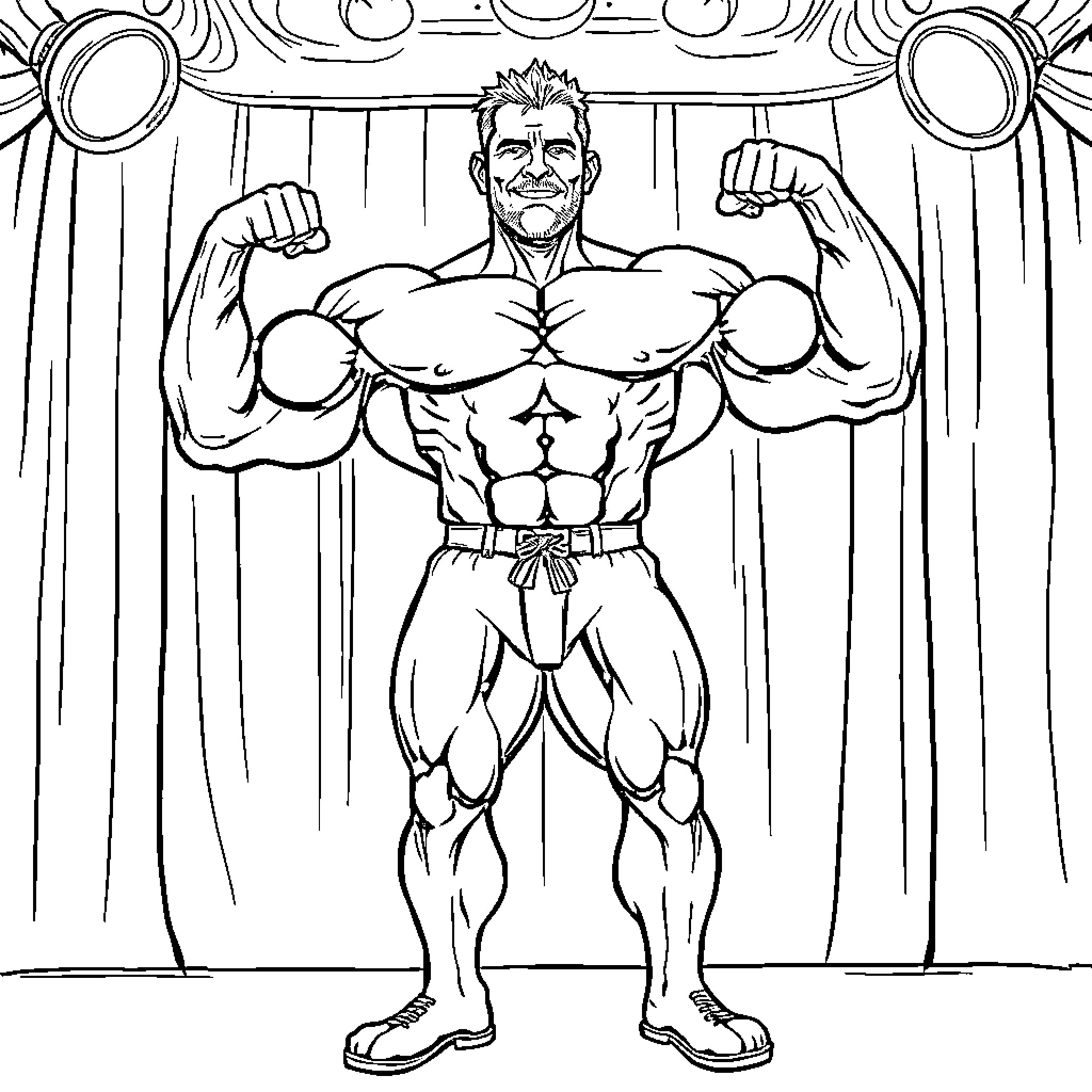 Markus Rühl - Muscular bodybuilder striking a powerful pose Coloring Page (free black-and-white line drawing printable PDF for all, from beginners to advanced learners, including children, teens, adults, and seniors)