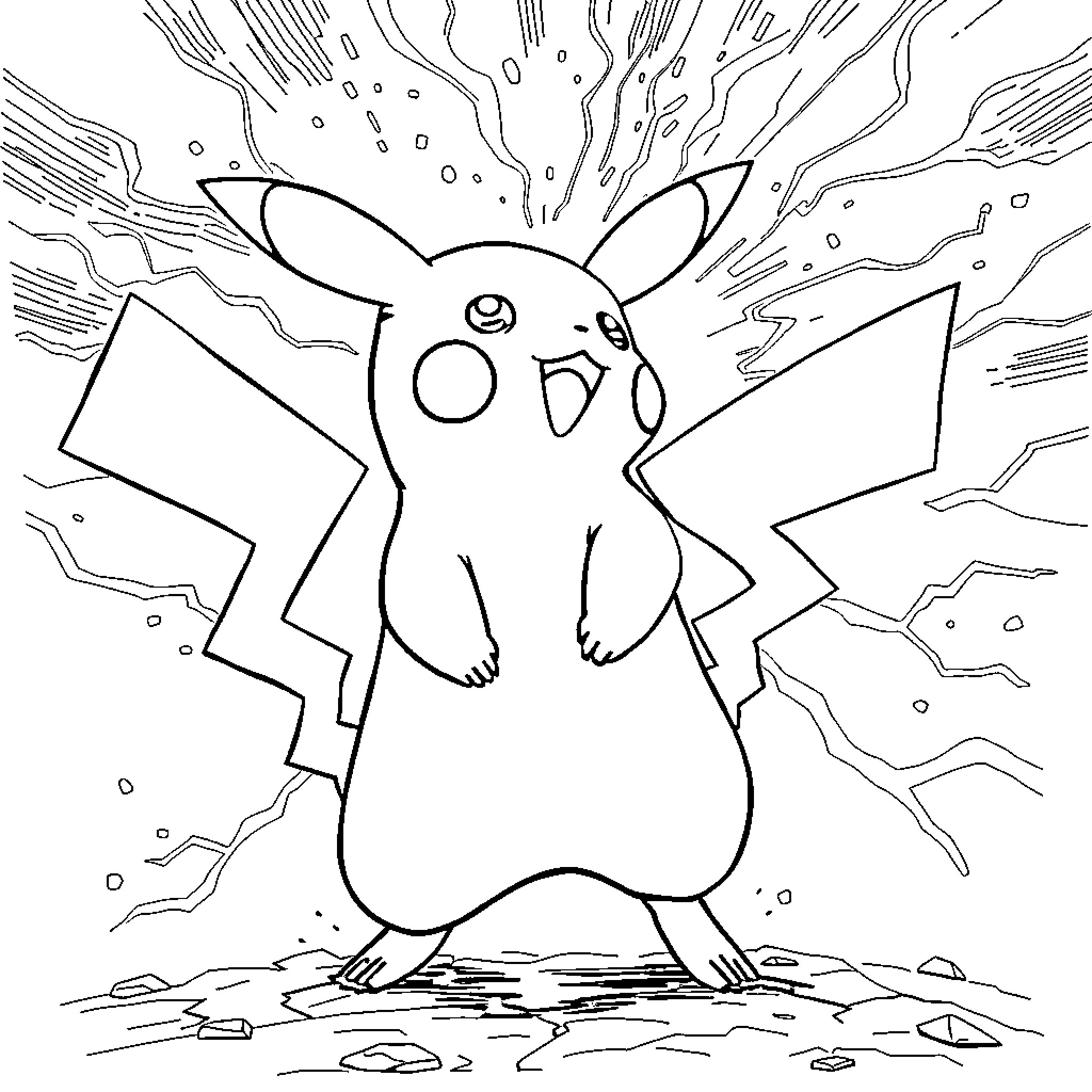Pikachu Sparking with Electrical Charge Coloring Page (free black-and-white line drawing printable PDF for all, from beginners to advanced learners, including children, teens, adults, and seniors)