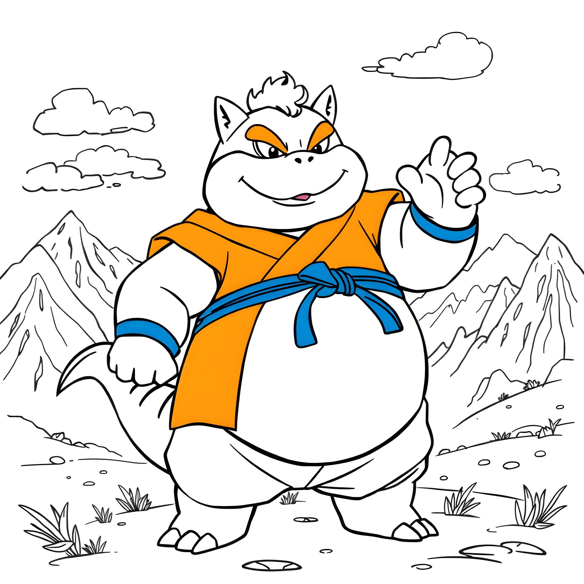 Snorlax waving happily in a mountain landscape Coloring Page (free black-and-white line drawing printable PDF for all, from beginners to advanced learners, including children, teens, adults, and seniors)