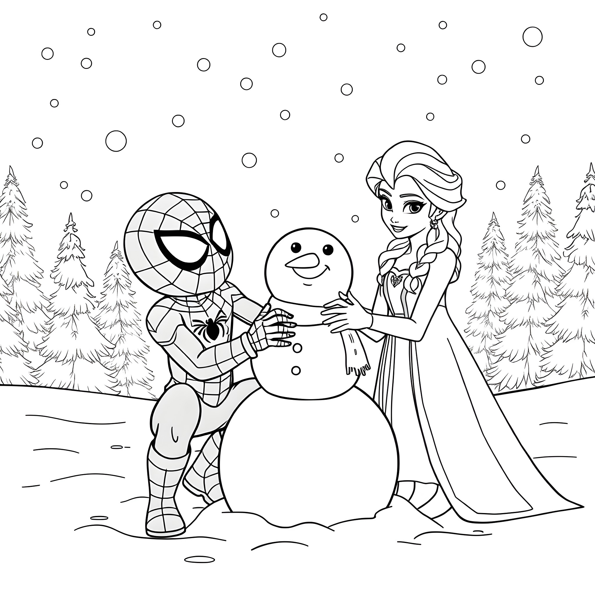 Spider-Man and Elsa Building a Snowman in the Winter Wonderland Coloring Page (free black-and-white line drawing printable PDF for all, from beginners to advanced learners, including children, teens, adults, and seniors)