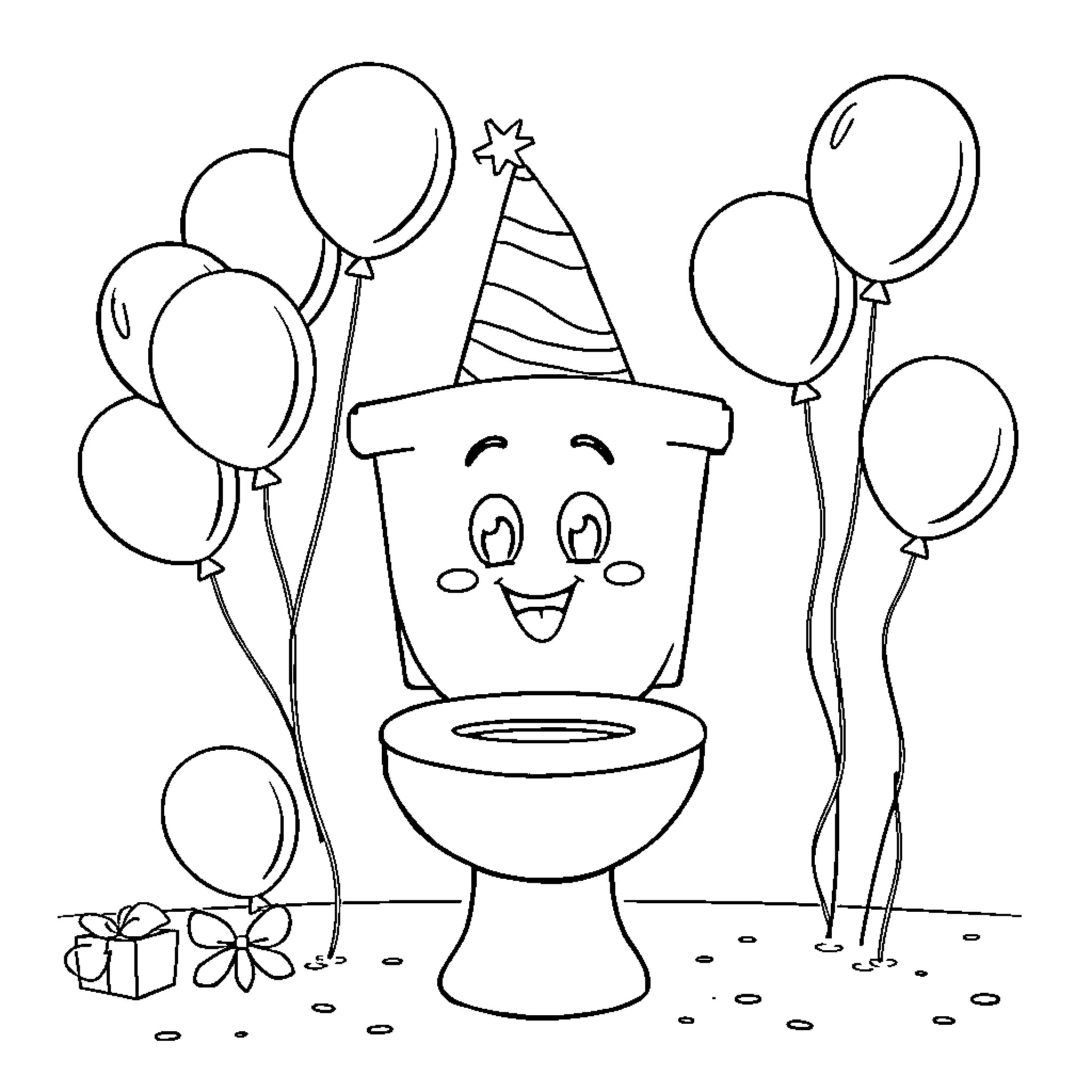 Skibidi Toilet Celebrates with Balloons and Party Hat Coloring Page (free black-and-white line drawing printable PDF for all, from beginners to advanced learners, including children, teens, adults, and seniors)