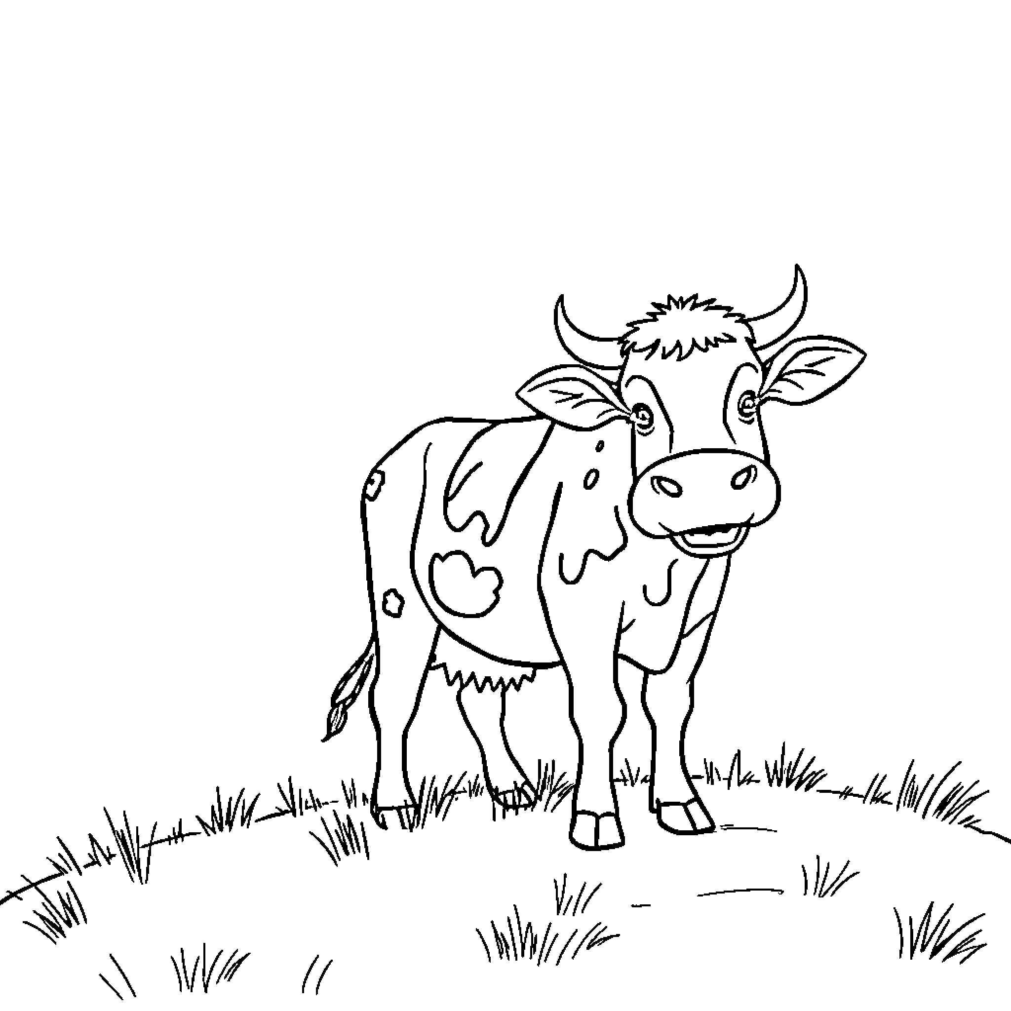 Cow standing in a grassy field Coloring Page (free black-and-white line drawing printable PDF for all, from beginners to advanced learners, including children, teens, adults, and seniors)