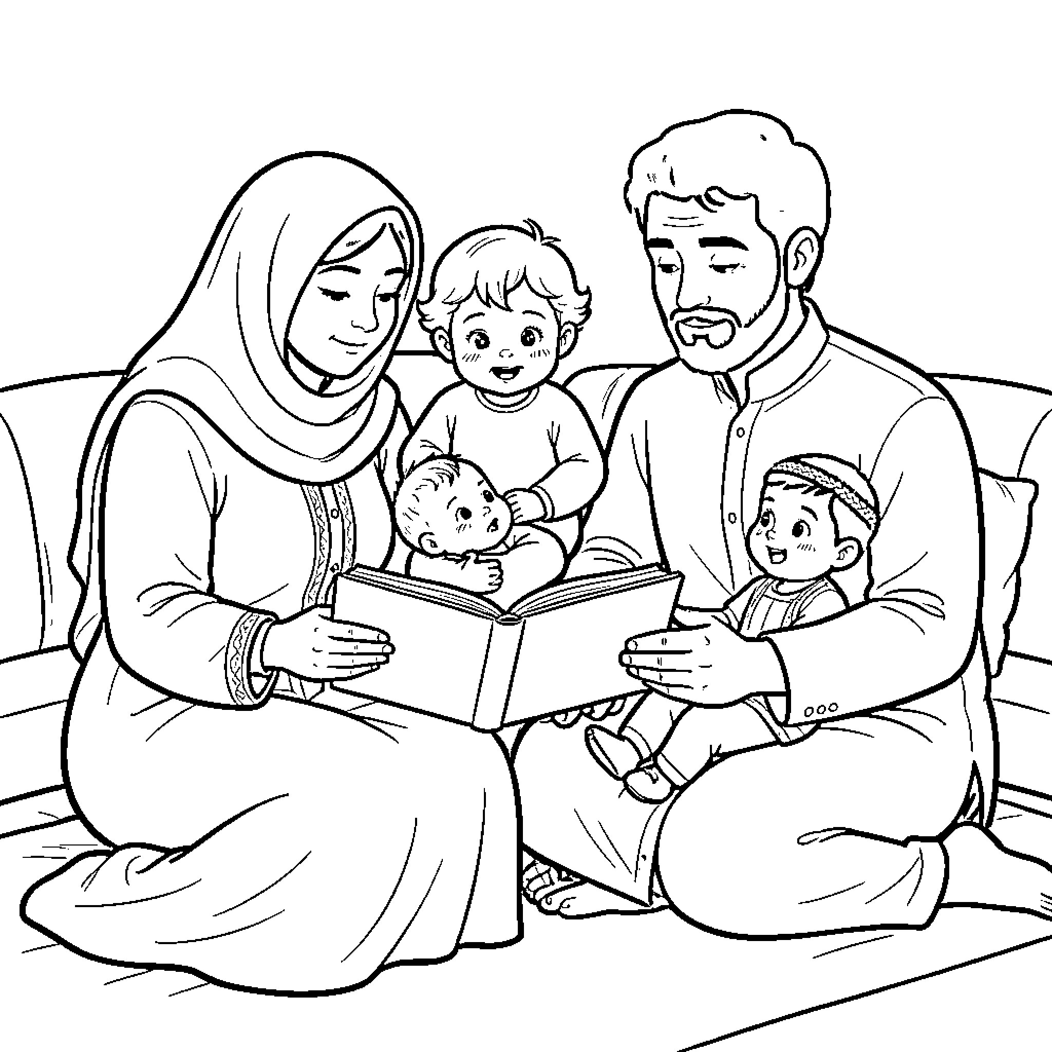 Family reading a book together on a sofa Coloring Page (free black-and-white line drawing printable PDF for all, from beginners to advanced learners, including children, teens, adults, and seniors)
