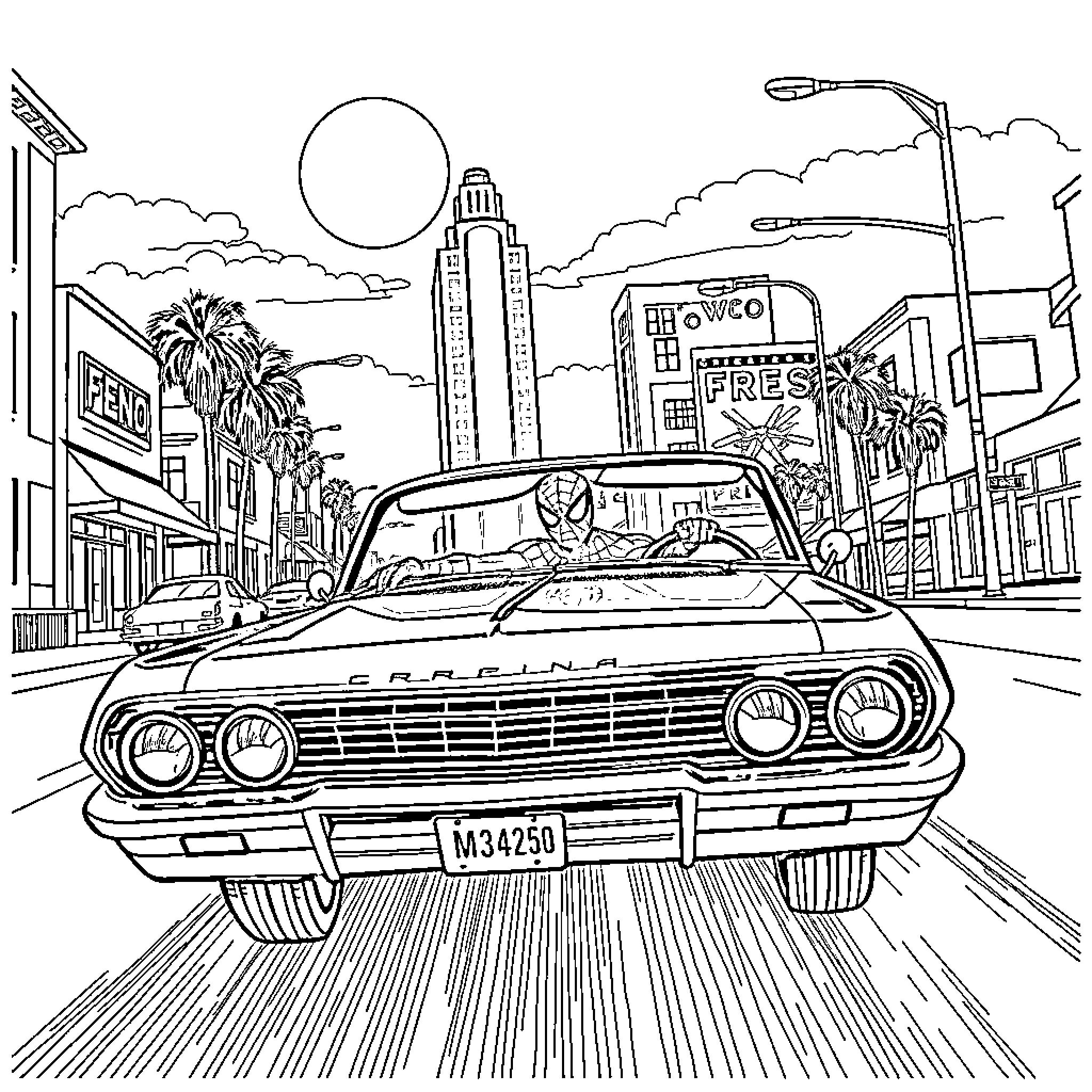 Spiderman swinging through the bustling city streets Coloring Page (free black-and-white line drawing printable PDF for all, from beginners to advanced learners, including children, teens, adults, and seniors)