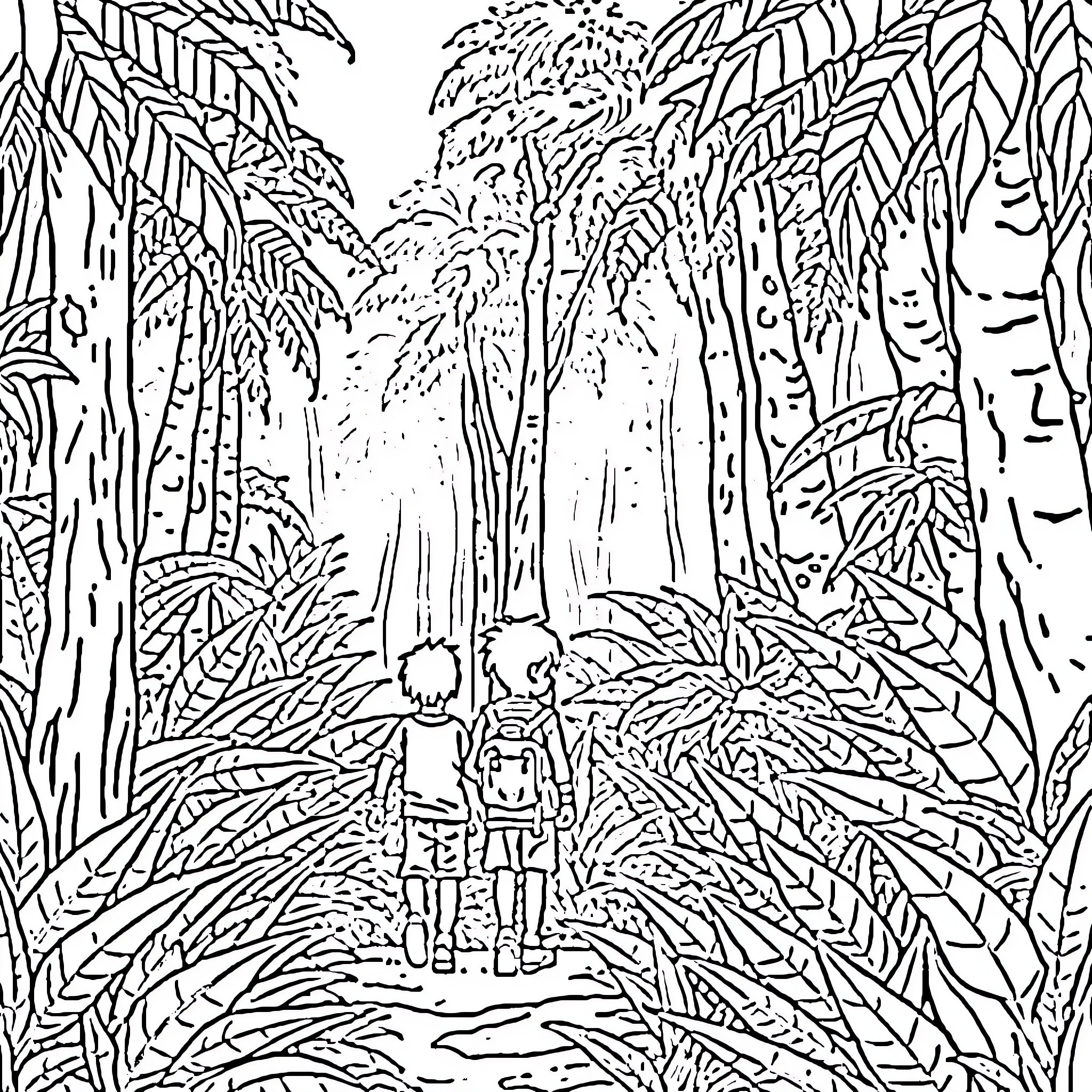 Brother exploring the lush tropical forest Coloring Page (free black-and-white line drawing printable PDF for all, from beginners to advanced learners, including children, teens, adults, and seniors)