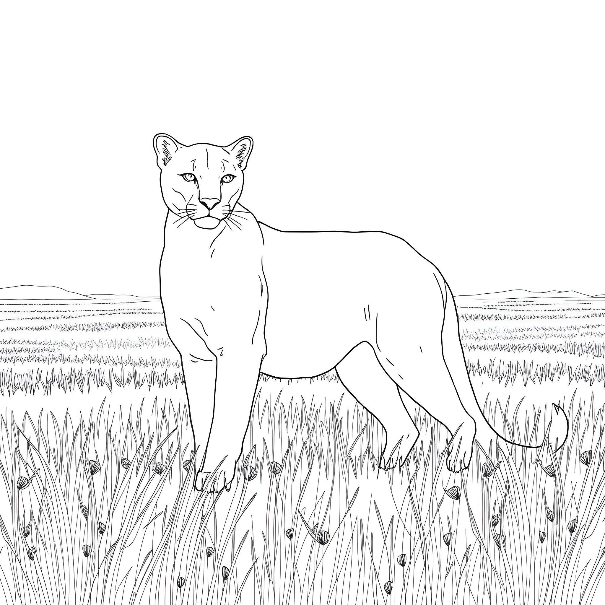 Cougar prowling in the wilderness Coloring Page (free black-and-white line drawing printable PDF for all, from beginners to advanced learners, including children, teens, adults, and seniors)