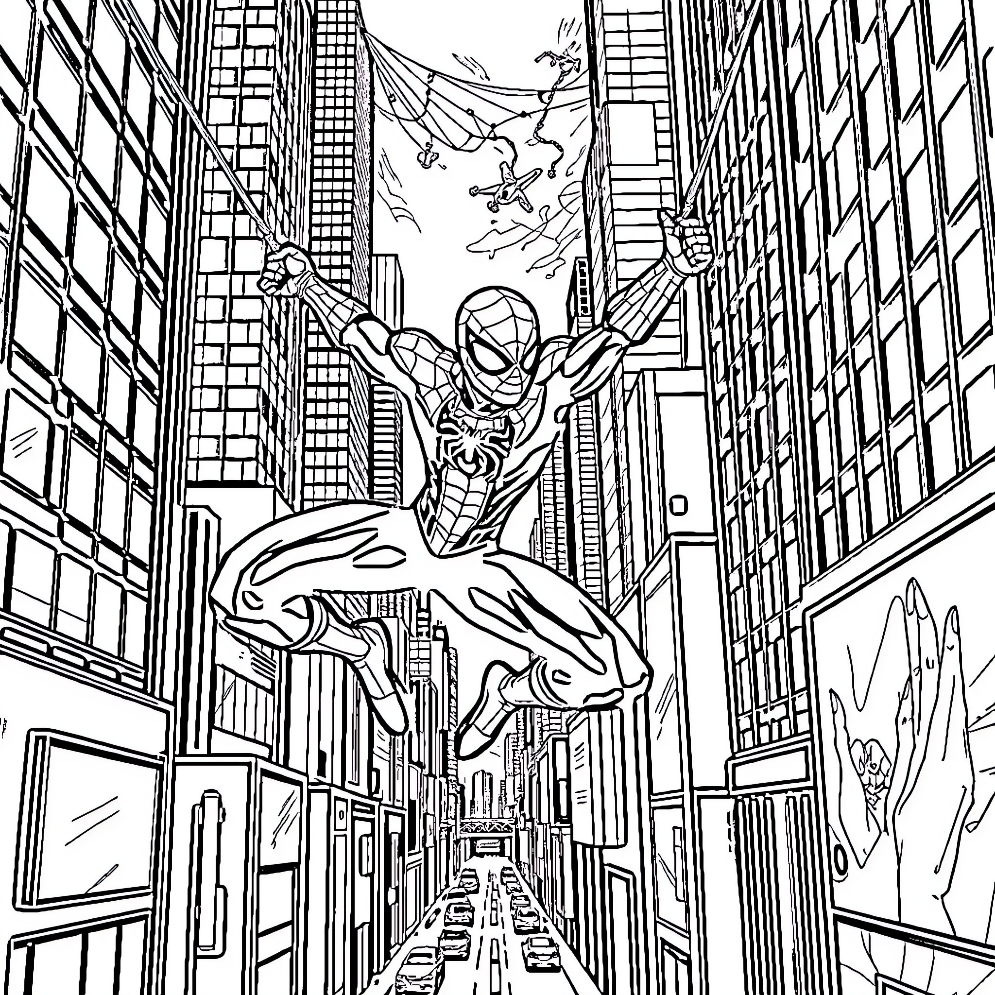 Spiderman swinging through the city skyscrapers Coloring Page (free black-and-white line drawing printable PDF for all, from beginners to advanced learners, including children, teens, adults, and seniors)