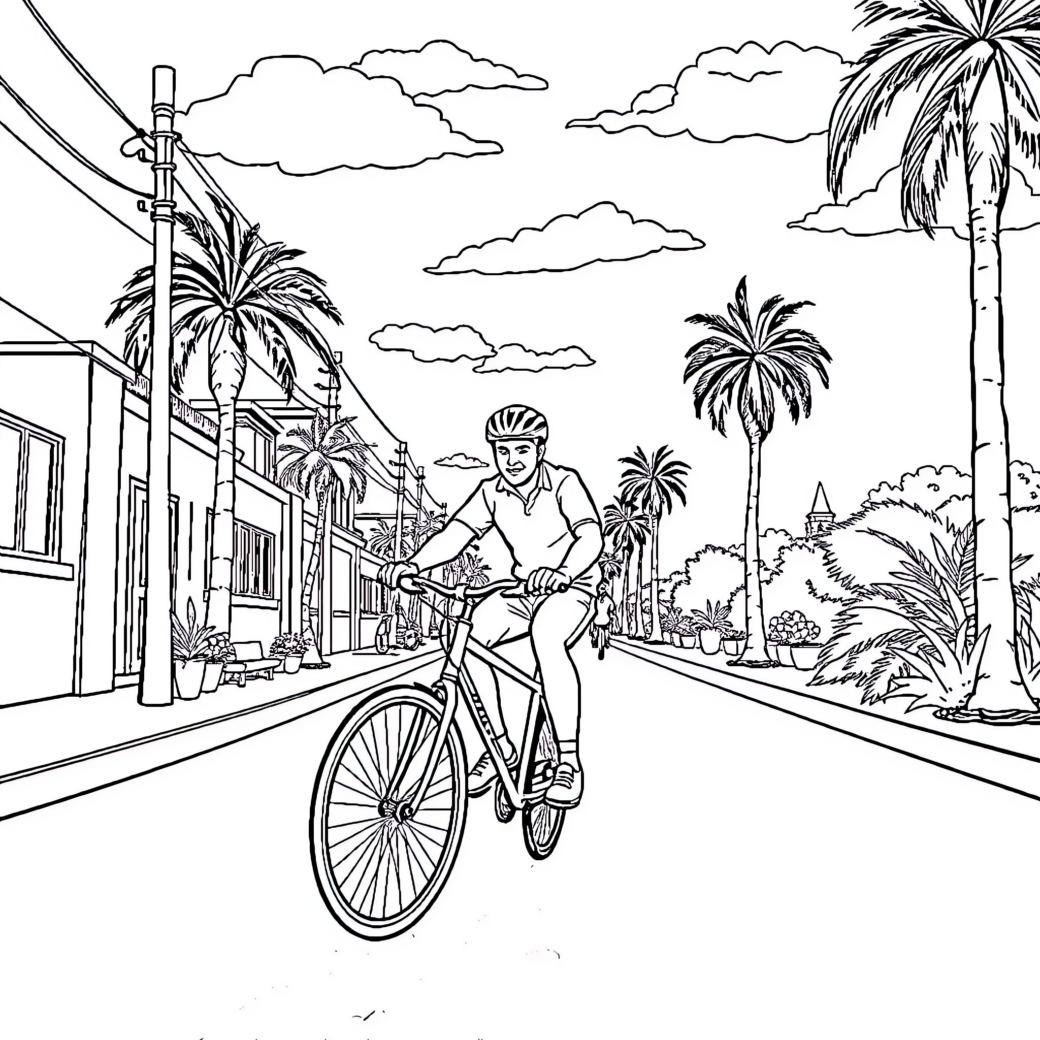 Man riding bicycle down palm-lined street Coloring Page (free black-and-white line drawing printable PDF for all, from beginners to advanced learners, including children, teens, adults, and seniors)