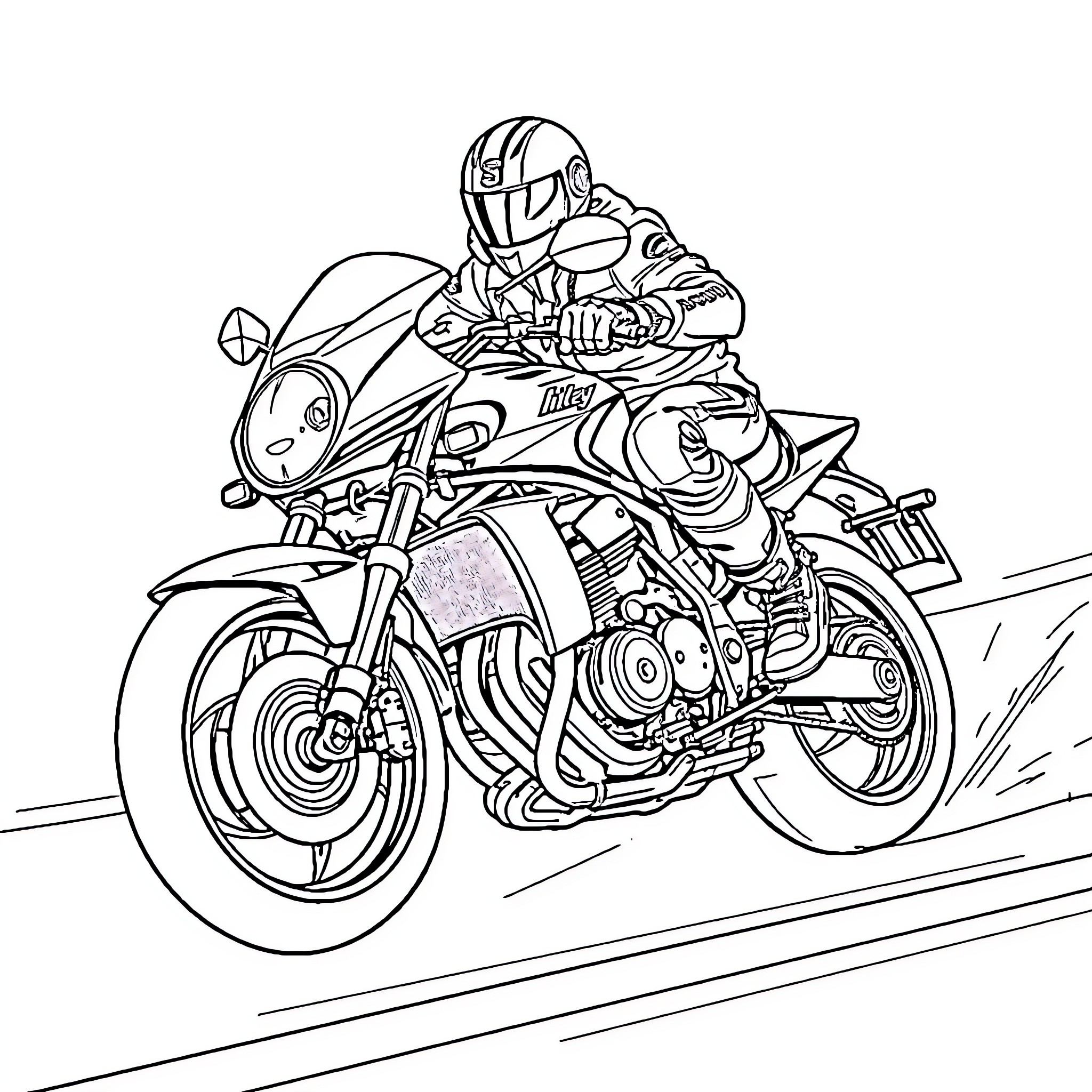 Motorbiker racing swiftly on the road Coloring Page (free black-and-white line drawing printable PDF for all, from beginners to advanced learners, including children, teens, adults, and seniors)
