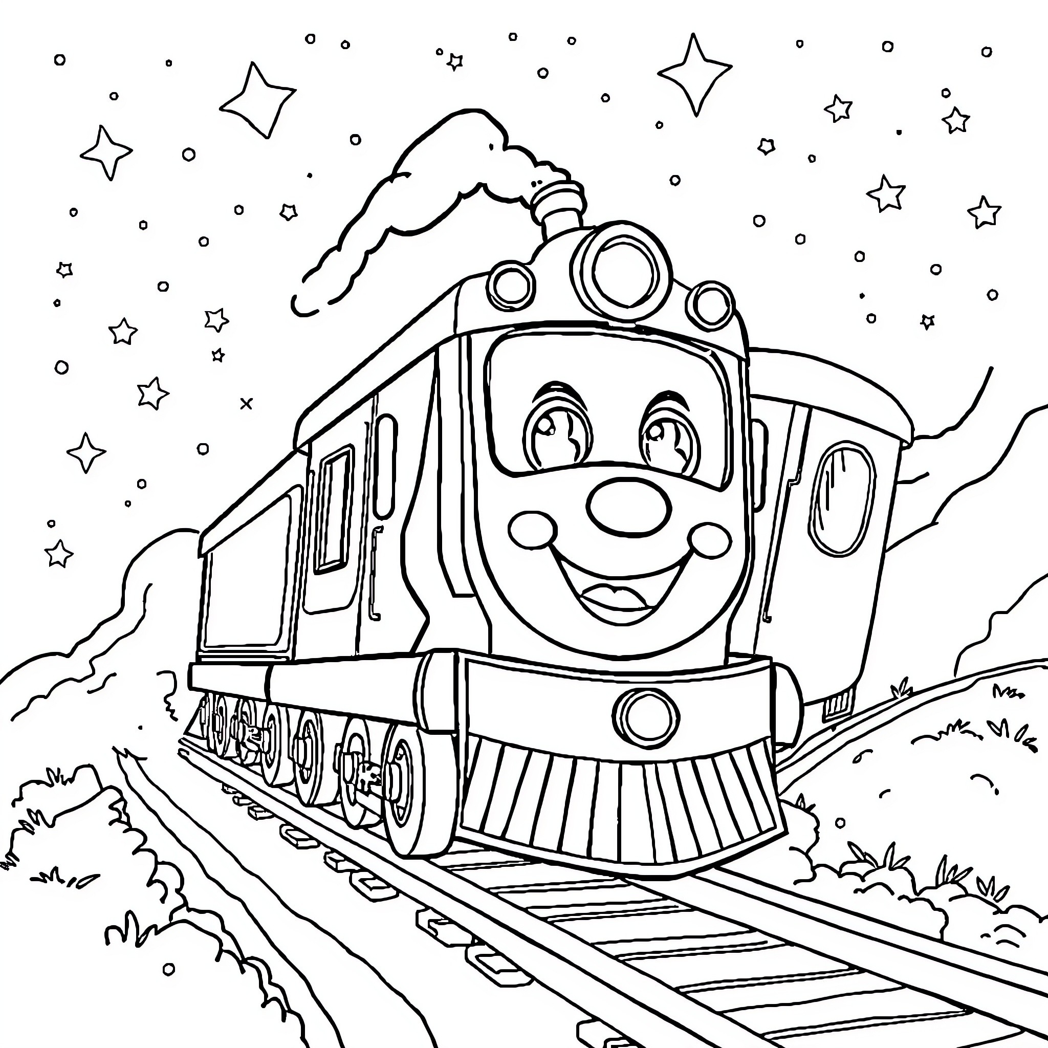Train Traveling Through Starry Night Landscape Coloring Page (free black-and-white line drawing printable PDF for all, from beginners to advanced learners, including children, teens, adults, and seniors)