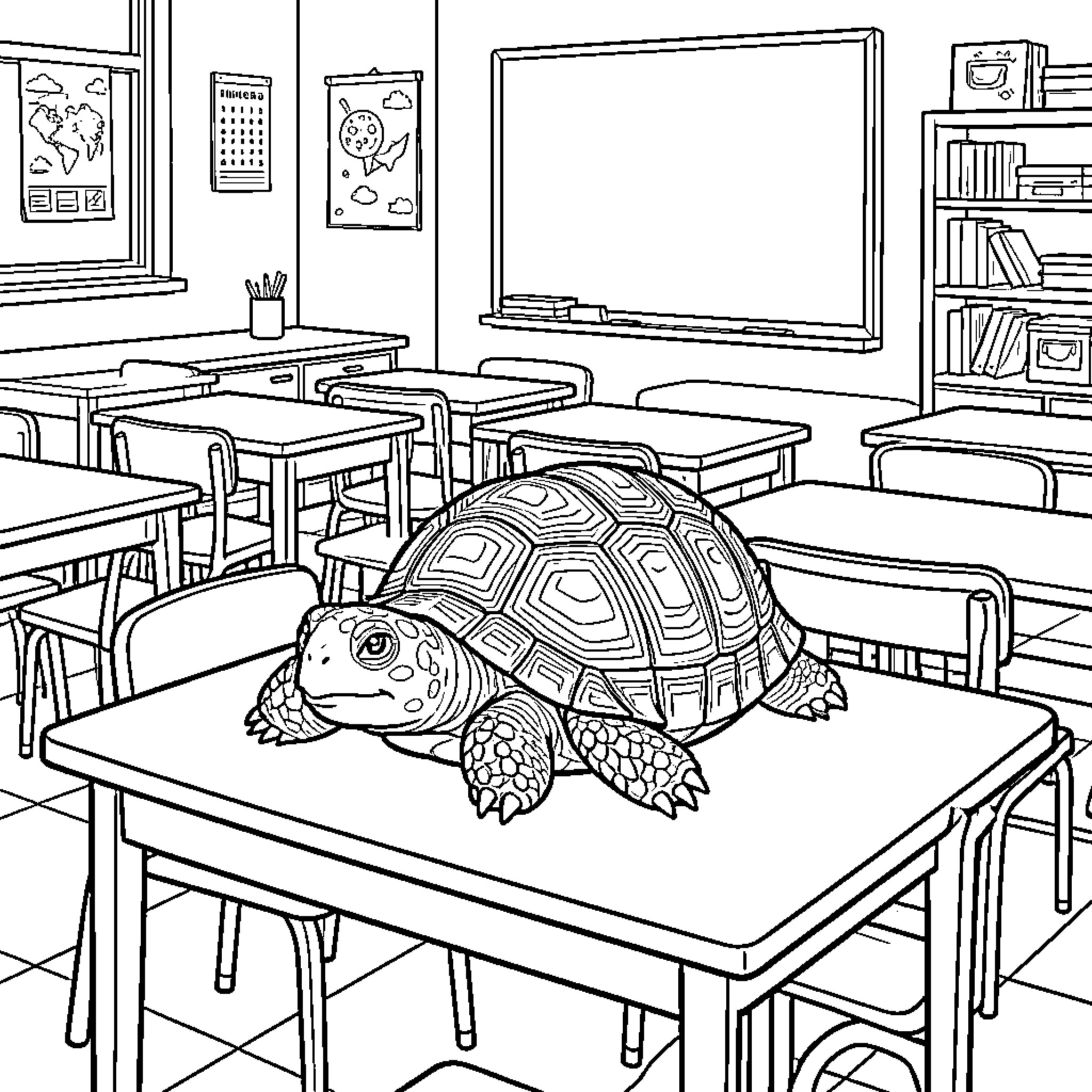 Turtle exploring an empty classroom Coloring Page (free black-and-white line drawing printable PDF for all, from beginners to advanced learners, including children, teens, adults, and seniors)
