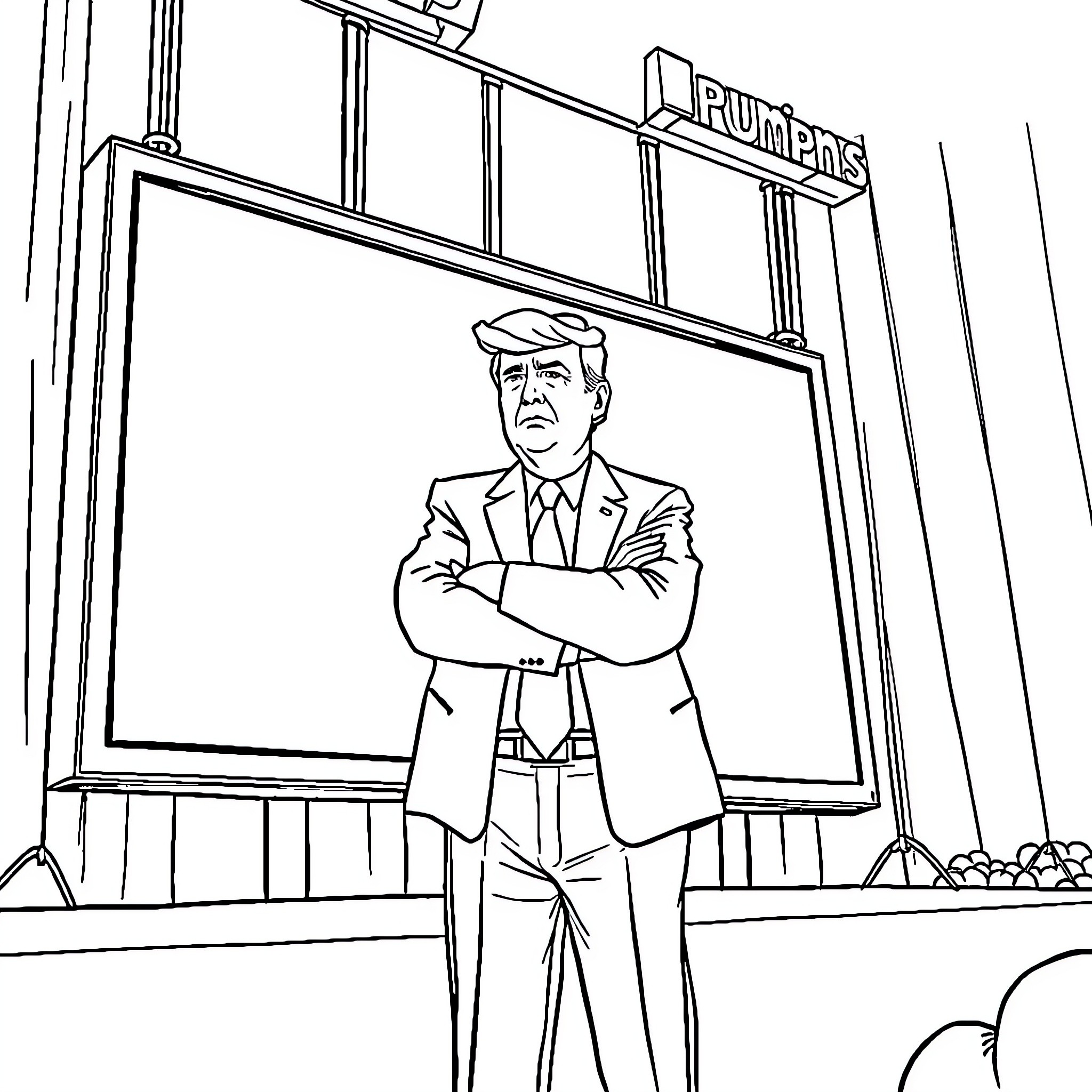 Trump's stern expression outside business establishment Coloring Page (free black-and-white line drawing printable PDF for all, from beginners to advanced learners, including children, teens, adults, and seniors)