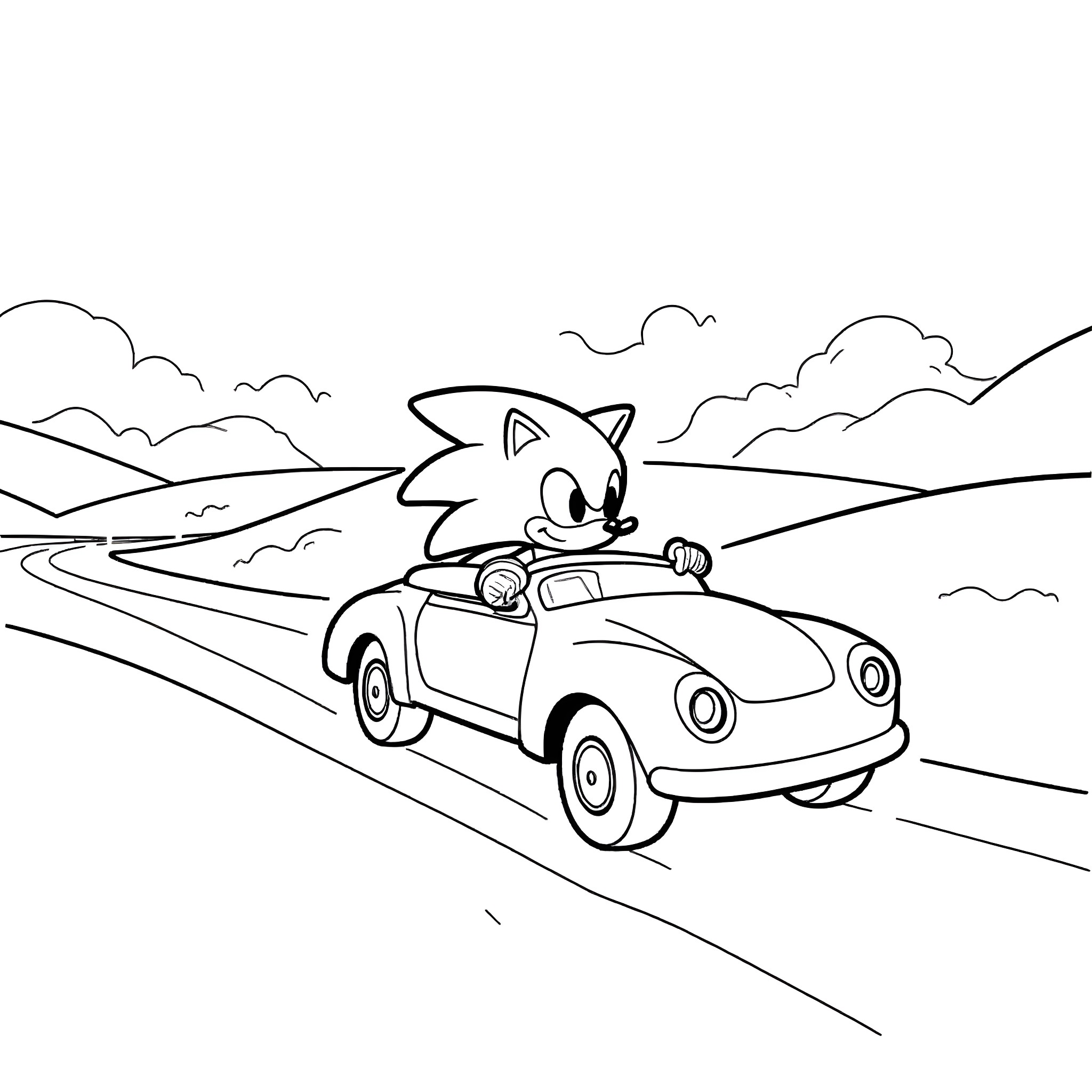 Sonic speeding down the road in a car Coloring Page (free black-and-white line drawing printable PDF for all, from beginners to advanced learners, including children, teens, adults, and seniors)