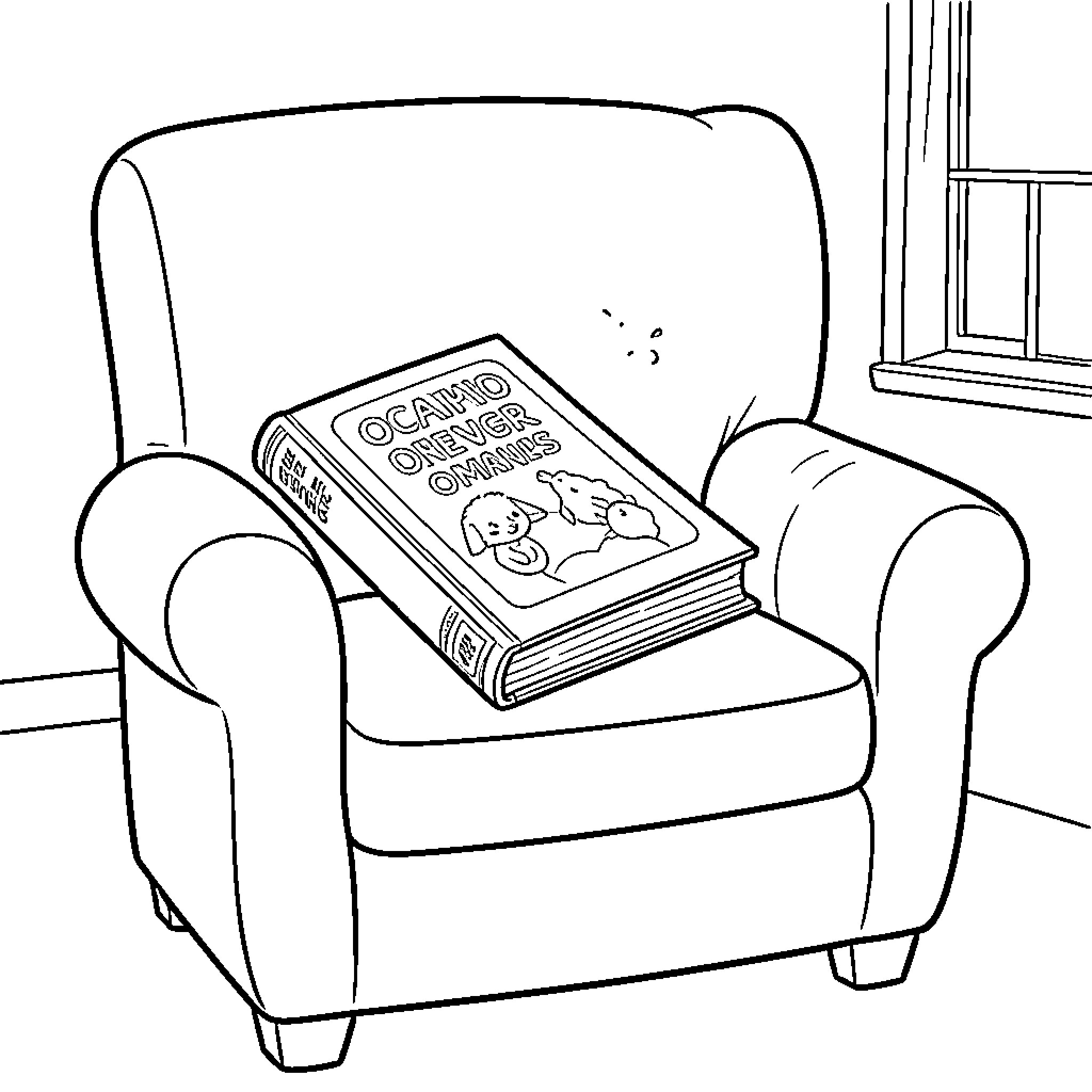 Book resting on a cozy armchair near a window Coloring Page (free black-and-white line drawing printable PDF for all, from beginners to advanced learners, including children, teens, adults, and seniors)