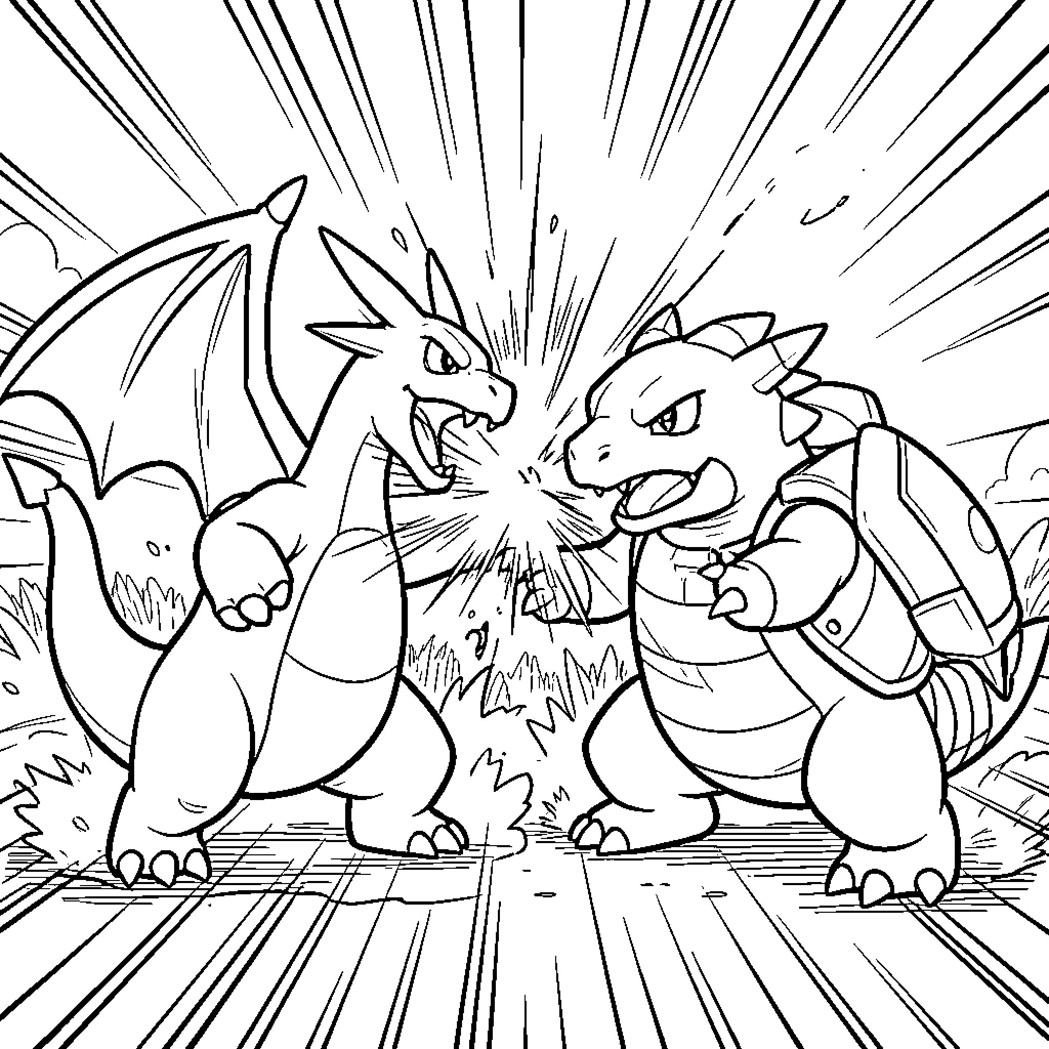 Charizard battling fiercely with another Pokémon Coloring Page (free black-and-white line drawing printable PDF for all, from beginners to advanced learners, including children, teens, adults, and seniors)