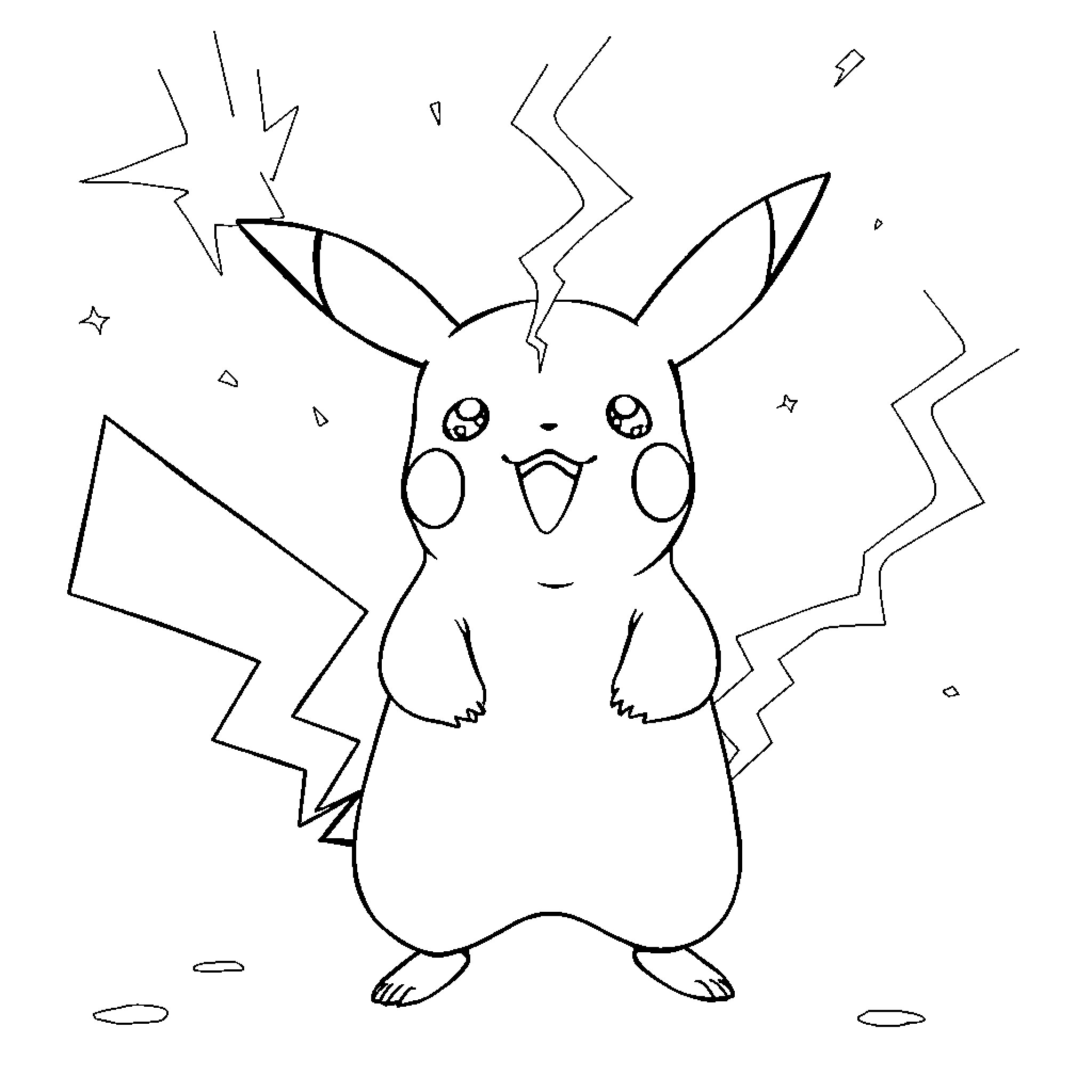 Pikachu posing with electric sparks Coloring Page (free black-and-white line drawing printable PDF for all, from beginners to advanced learners, including children, teens, adults, and seniors)