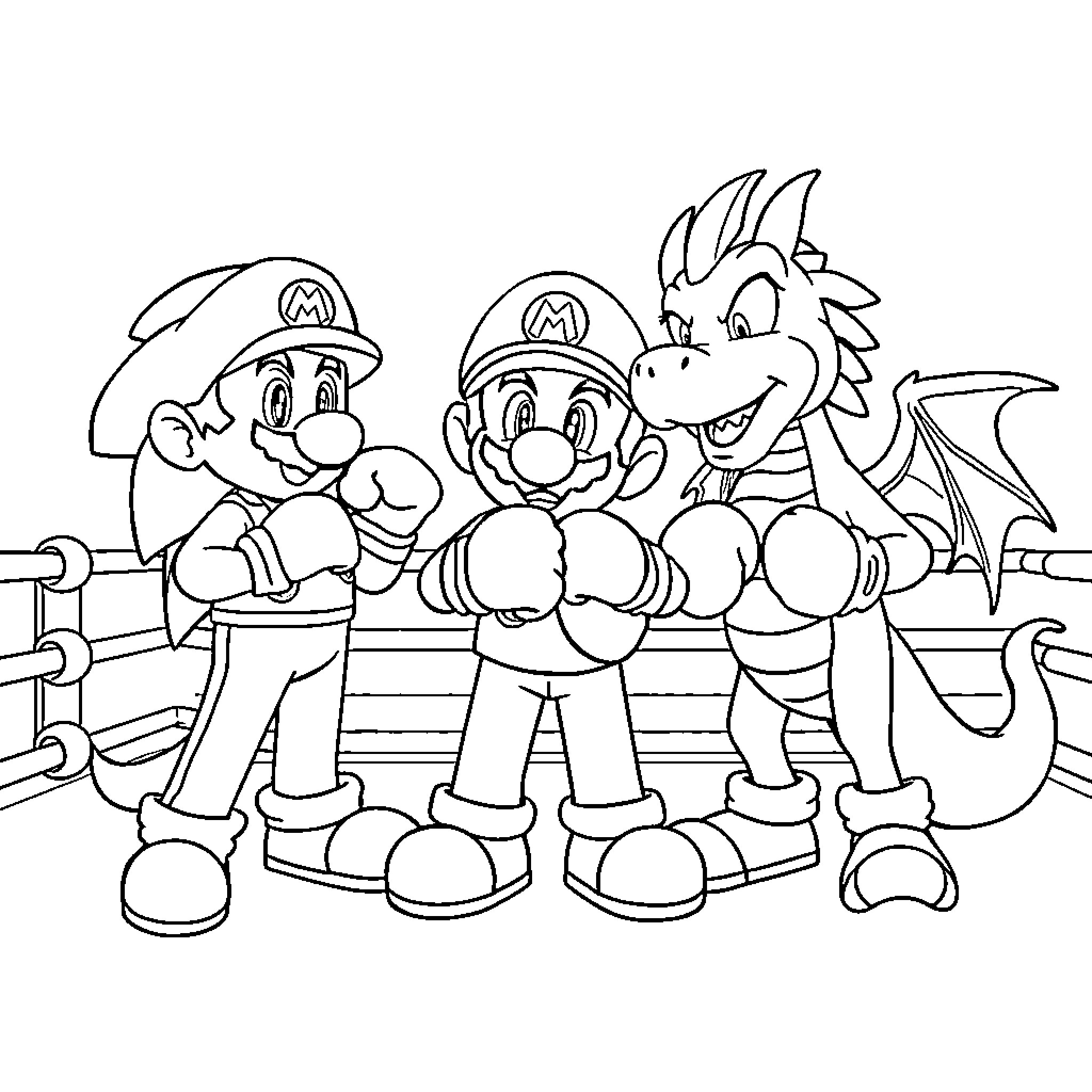 Mario and Luigi Battling a Fierce Dragon Coloring Page (free black-and-white line drawing printable PDF for all, from beginners to advanced learners, including children, teens, adults, and seniors)