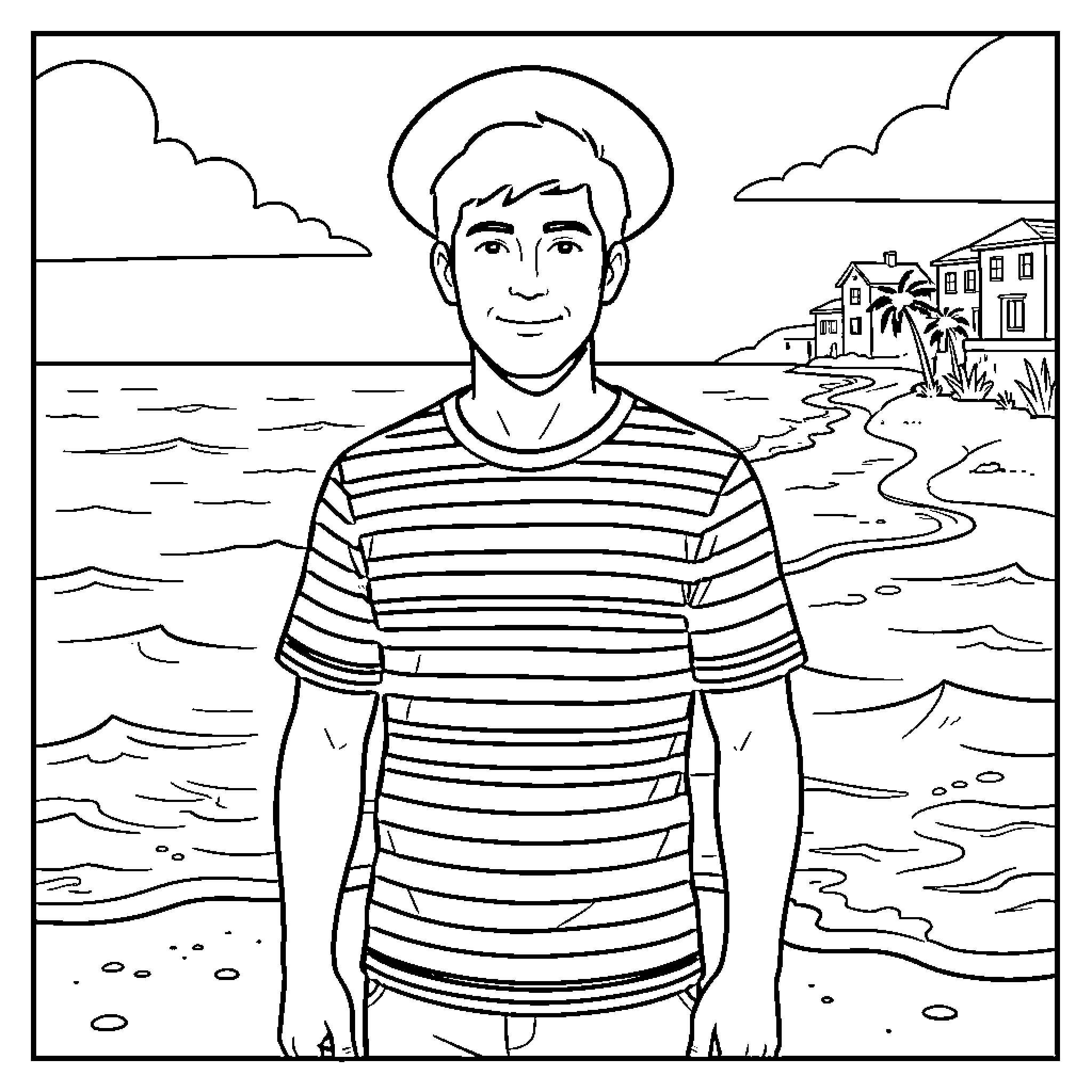 Sailor enjoys scenic coastal view Coloring Page (free black-and-white line drawing printable PDF for all, from beginners to advanced learners, including children, teens, adults, and seniors)