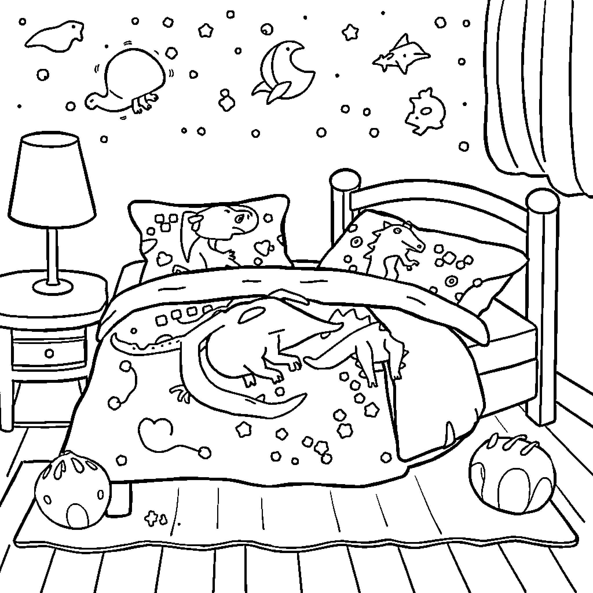 Boys Resting Peacefully in Cosmic Bedroom Coloring Page (free black-and-white line drawing printable PDF for all, from beginners to advanced learners, including children, teens, adults, and seniors)