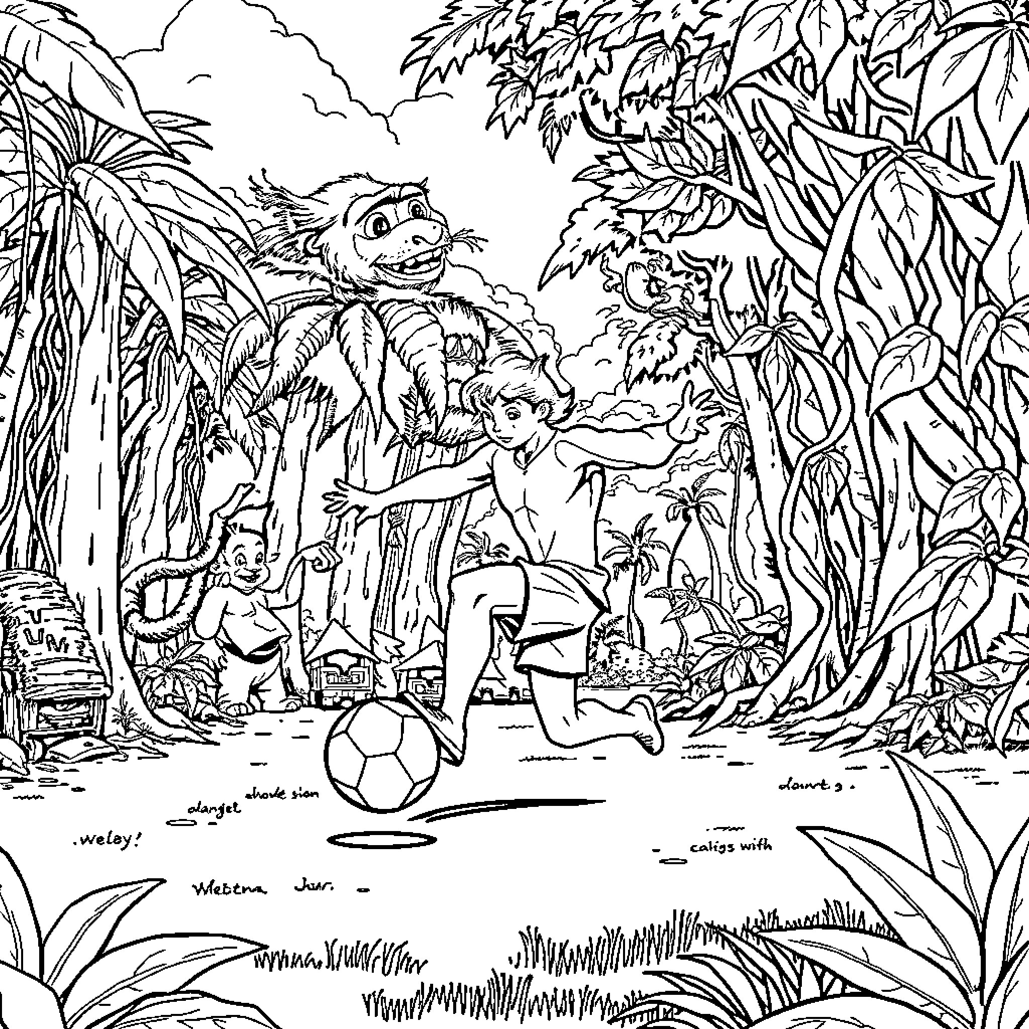 Tarzan playing soccer with jungle animals in the wilderness Coloring Page (free black-and-white line drawing printable PDF for all, from beginners to advanced learners, including children, teens, adults, and seniors)