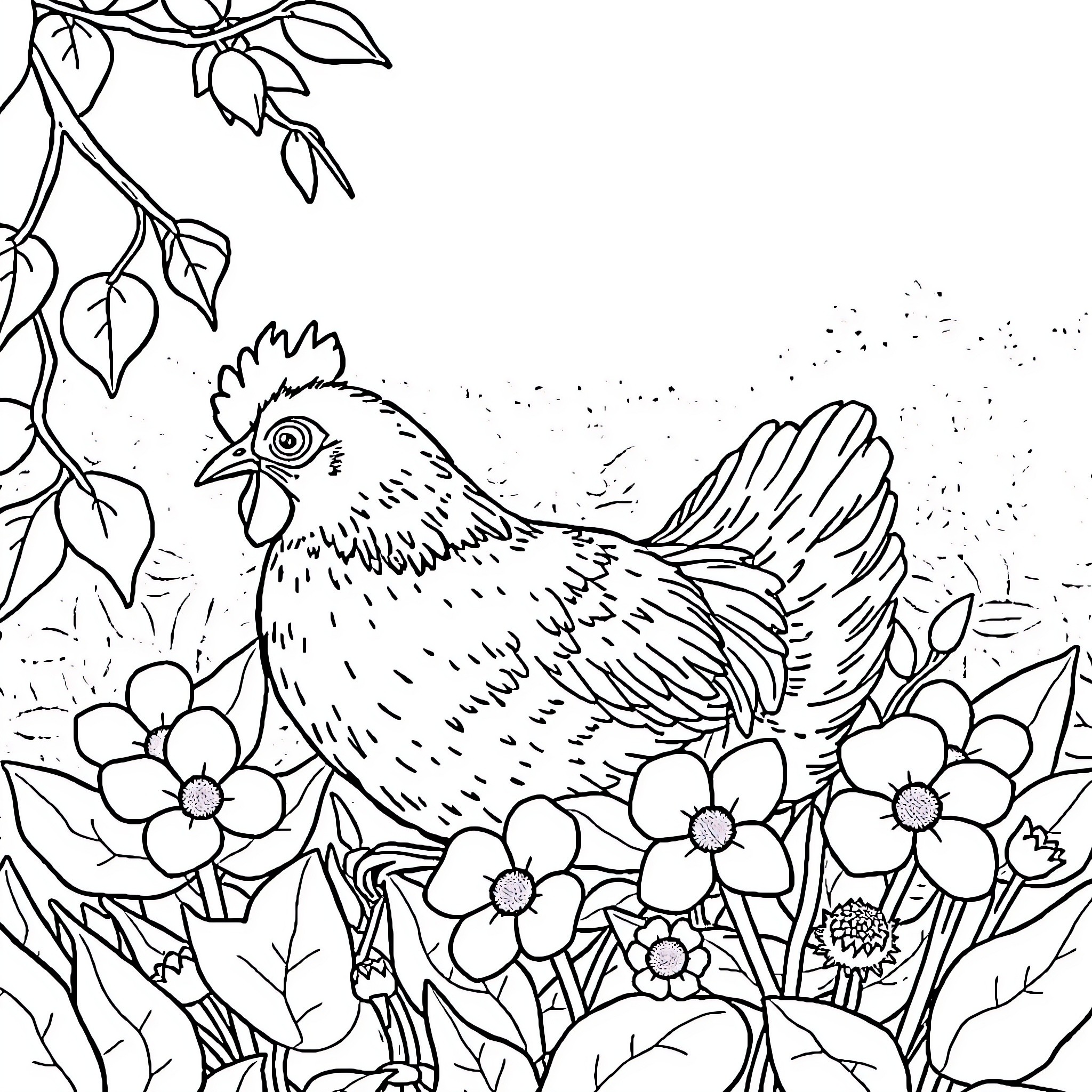 Pig in a floral garden Coloring Page (free black-and-white line drawing printable PDF for all, from beginners to advanced learners, including children, teens, adults, and seniors)