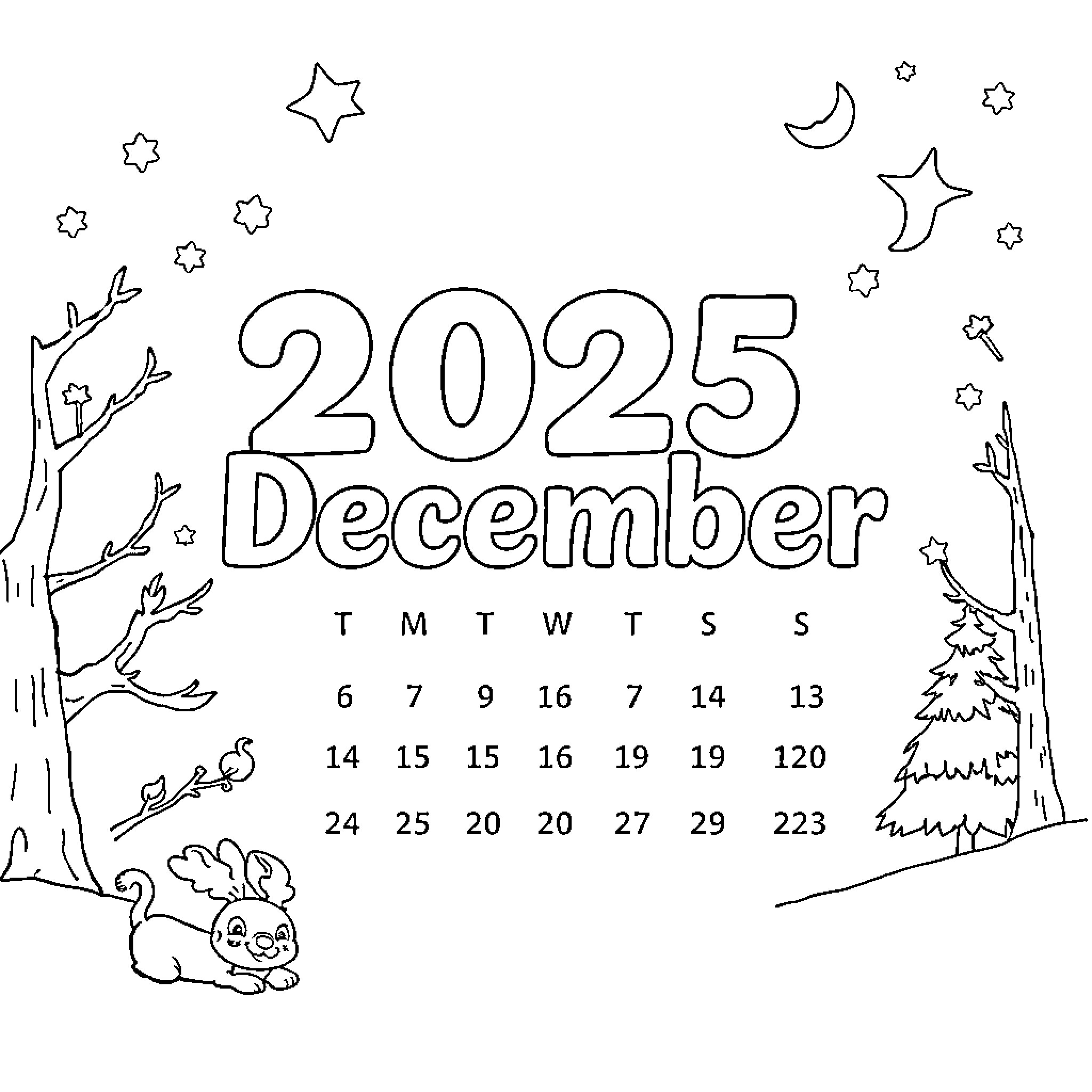 Calendar of winter scenes and celestial elements Coloring Page (free black-and-white line drawing printable PDF for all, from beginners to advanced learners, including children, teens, adults, and seniors)