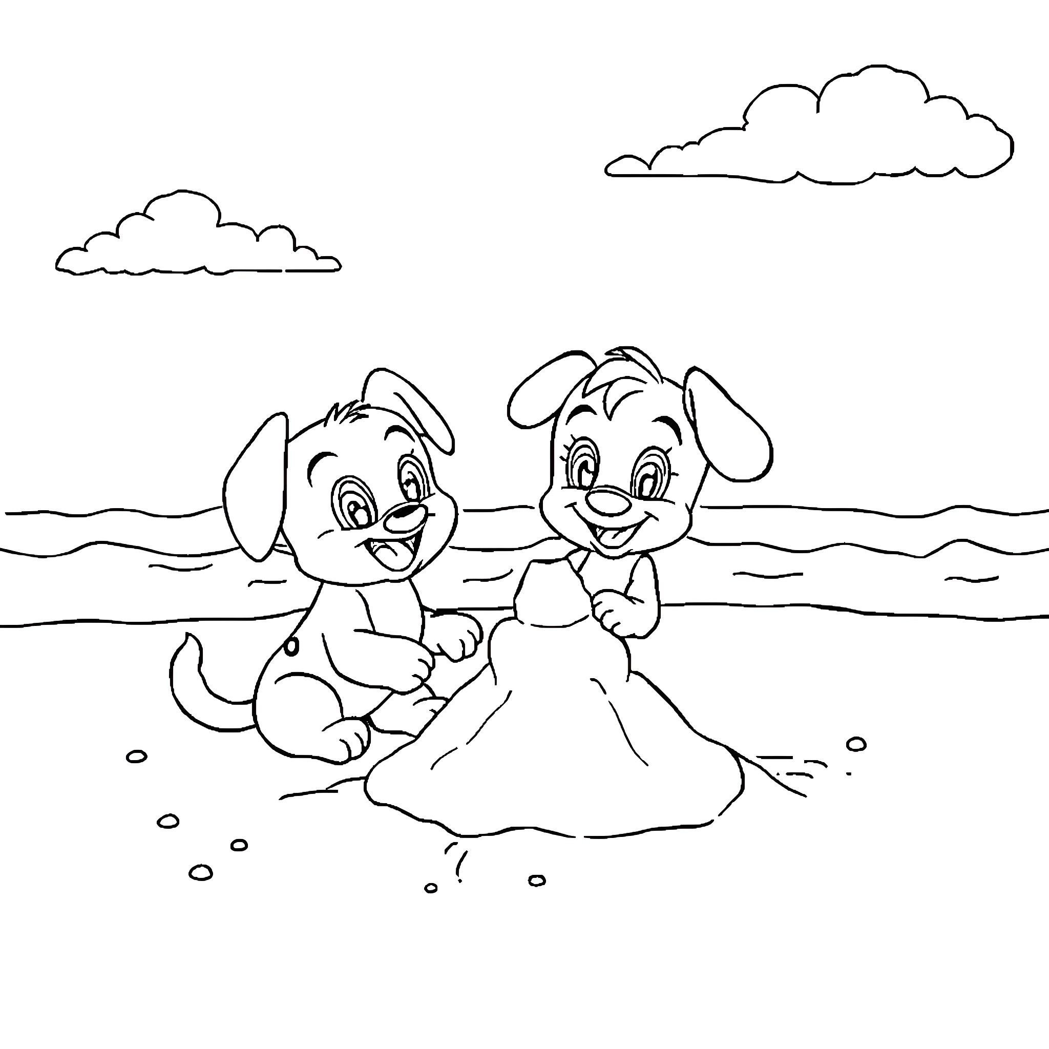 Bluey's playful puppies in the sandy waves Coloring Page (free black-and-white line drawing printable PDF for all, from beginners to advanced learners, including children, teens, adults, and seniors)