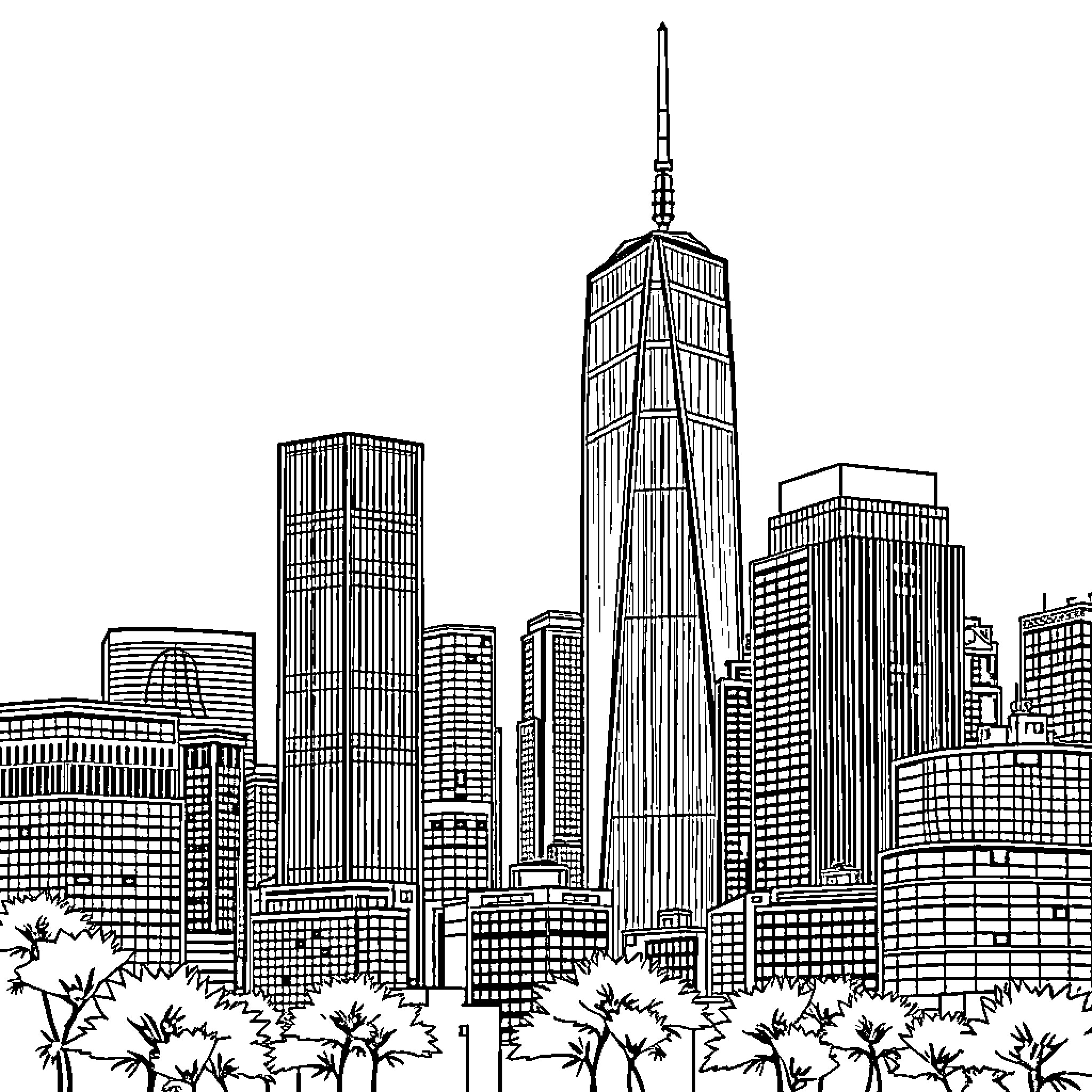 City Skyline with Towering Skyscrapers and Greenery Coloring Page (free black-and-white line drawing printable PDF for all, from beginners to advanced learners, including children, teens, adults, and seniors)