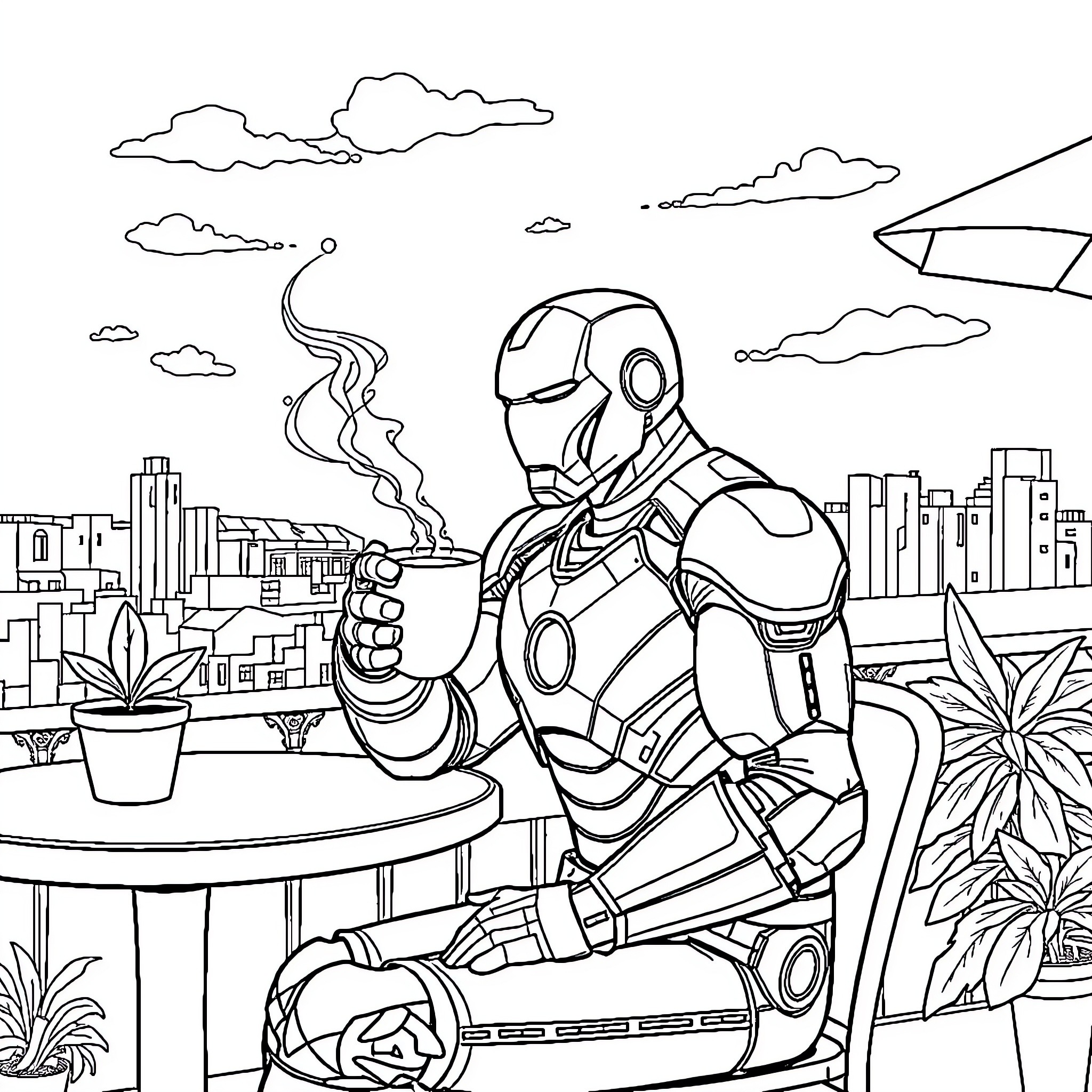 Iron Man relaxing on rooftop with cityscape Coloring Page (free black-and-white line drawing printable PDF for all, from beginners to advanced learners, including children, teens, adults, and seniors)